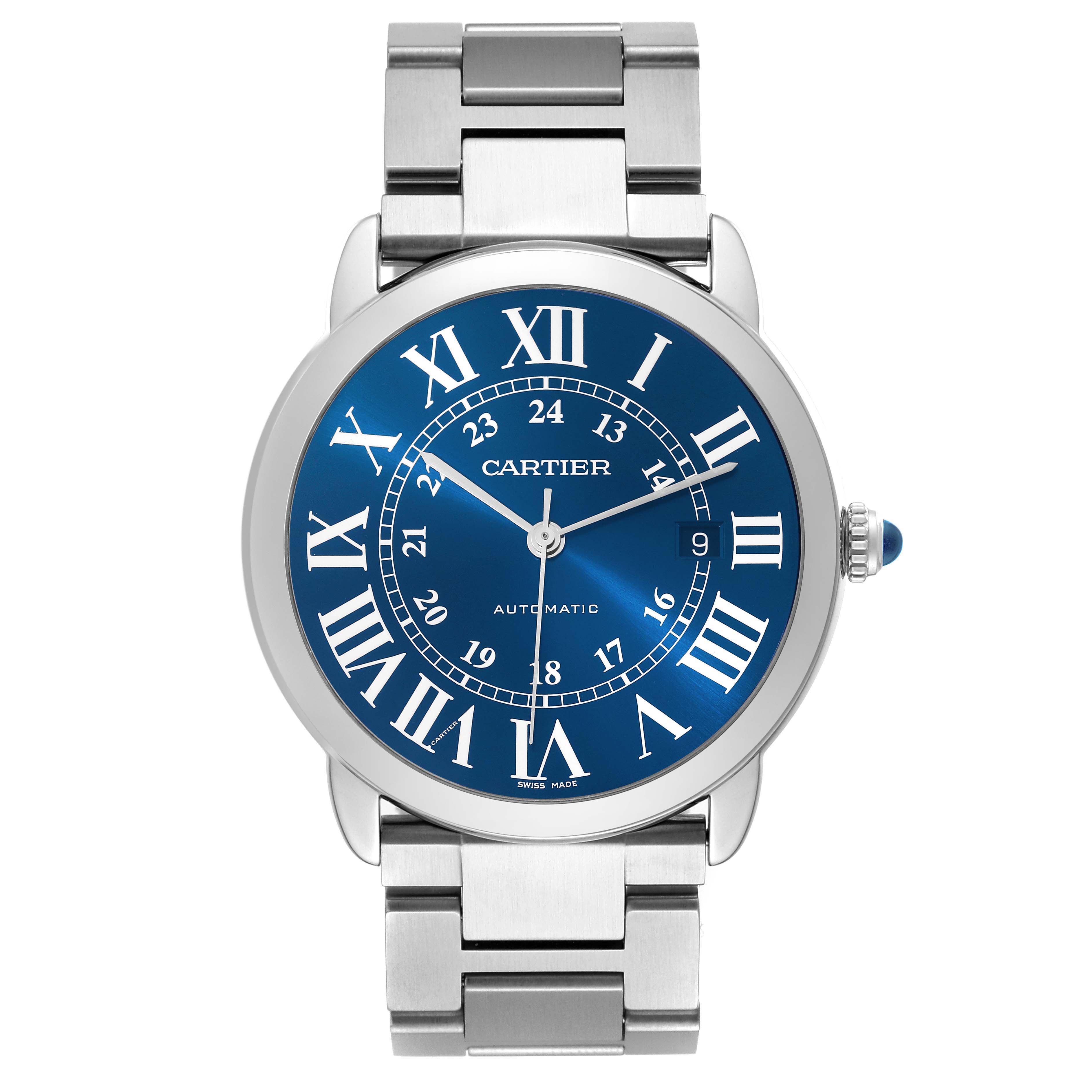 The image shows a Cartier Ronde WSRN0023 Men's Stainless Steel Blue Dial WSRN0023 Men's Stainless Steel Blue Dial model watch from the front angle, displaying its face, blue dial, and bracelet.