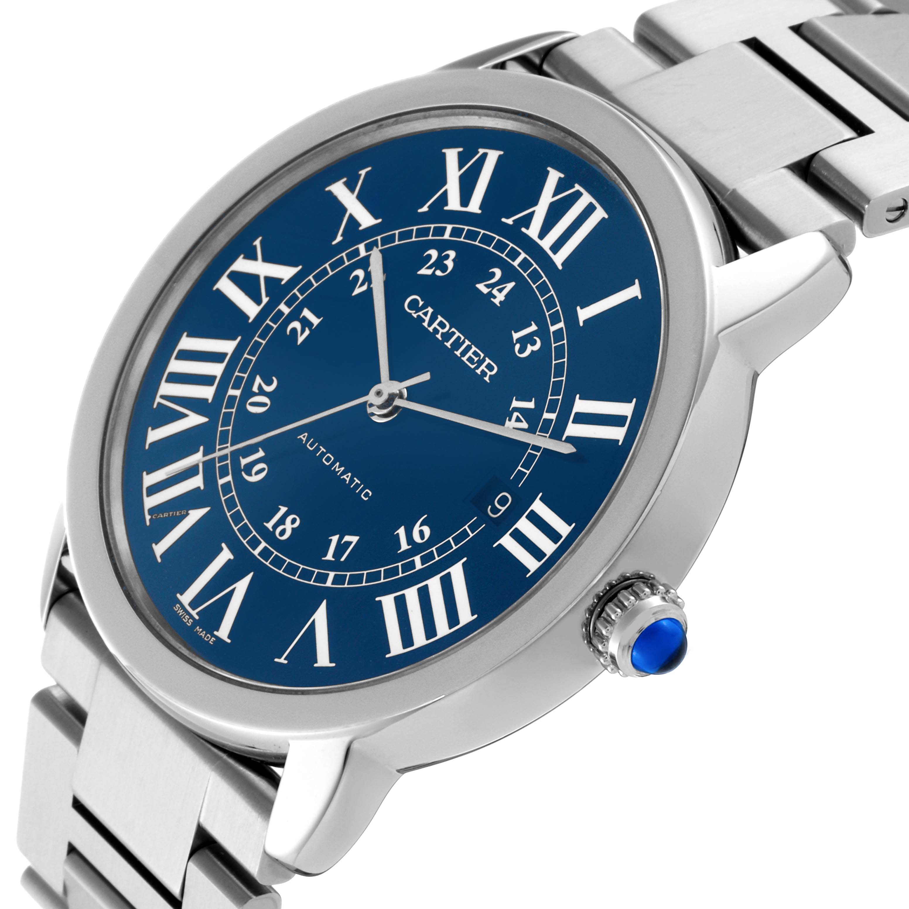The Cartier Ronde WSRN0023 Men's Stainless Steel Blue Dial WSRN0023 Men's Stainless Steel Blue Dial watch is shown from a slightly tilted side angle, displaying the blue dial, Roman numerals, and metal bracelet.