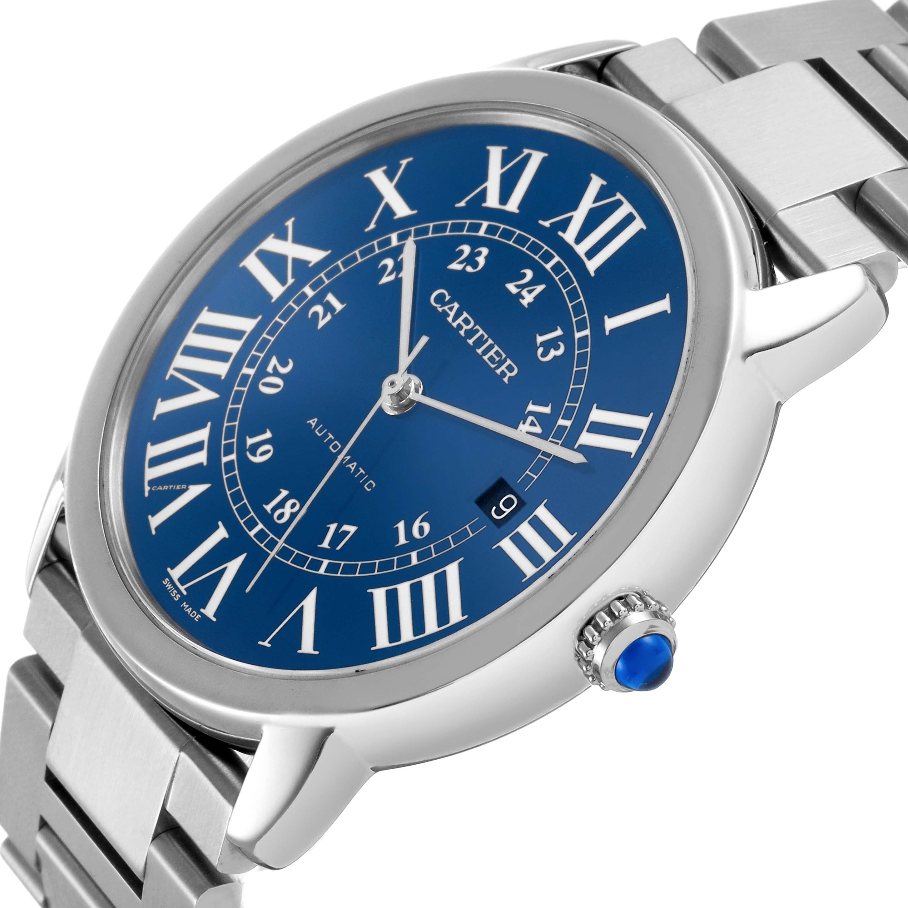 The Cartier Ronde WSRN0023 Men's Stainless Steel Blue Dial watch is shown at a slightly angled side view, highlighting the blue dial, Roman numerals, crown, and stainless steel bracelet.