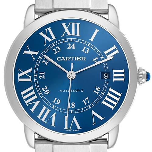 The Cartier Ronde WSRN0023 Men's Stainless Steel Blue Dial watch is shown from a top view, highlighting its blue dial, Roman numerals, and a date window.