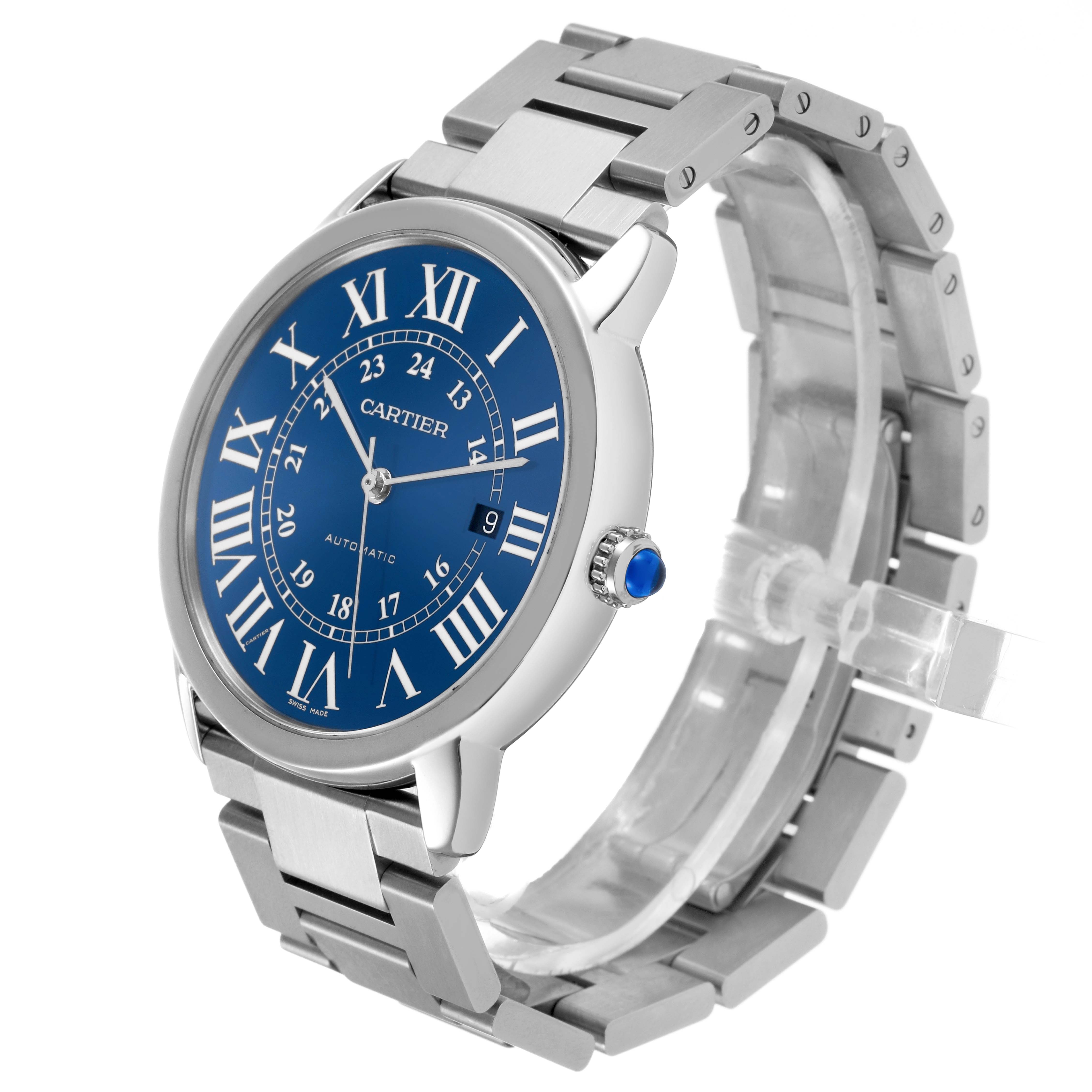 The Cartier Ronde WSRN0023 Men's Stainless Steel Blue Dial watch is shown at a three-quarter angle, displaying the blue dial, Roman numerals, crown, and metal bracelet.