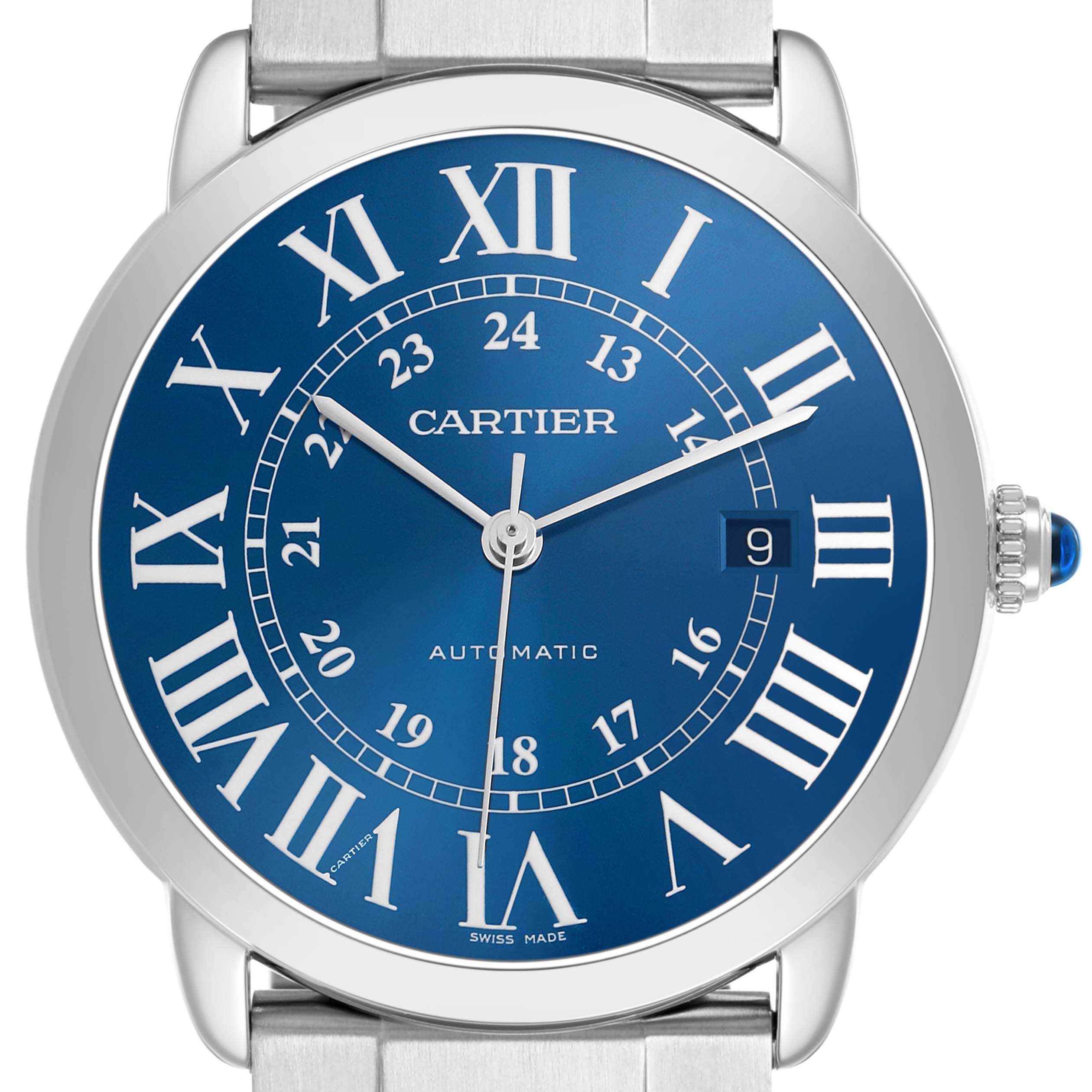 The Cartier Ronde WSRN0023 Men's Stainless Steel Blue Dial watch is shown from the front, highlighting its blue dial, Roman numerals, hands, and crown with a blue cabochon.