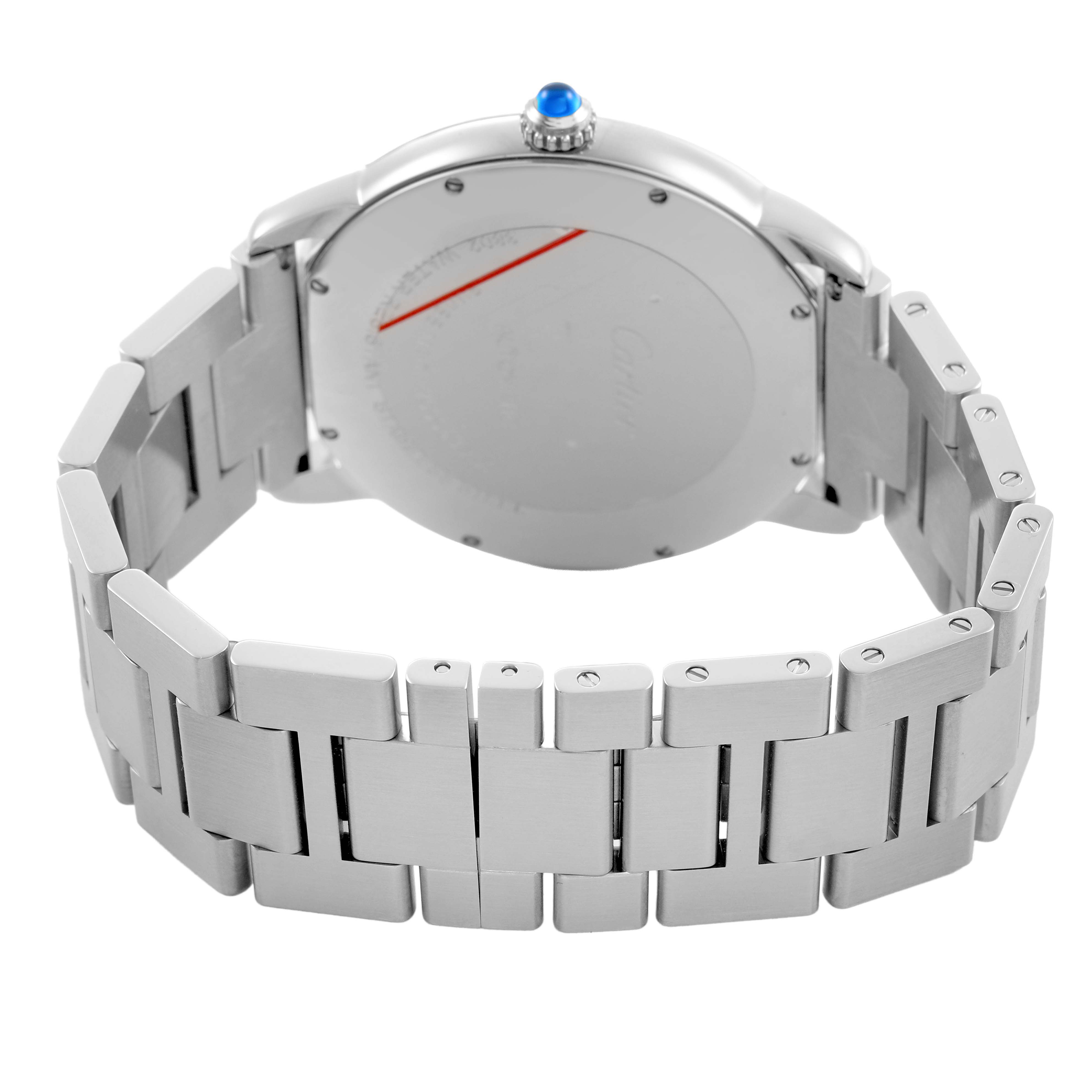 The Cartier Ronde WSRN0023 Men's Stainless Steel Blue Dial watch is shown from the back, highlighting the case back, bracelet, and crown with a blue cabochon.