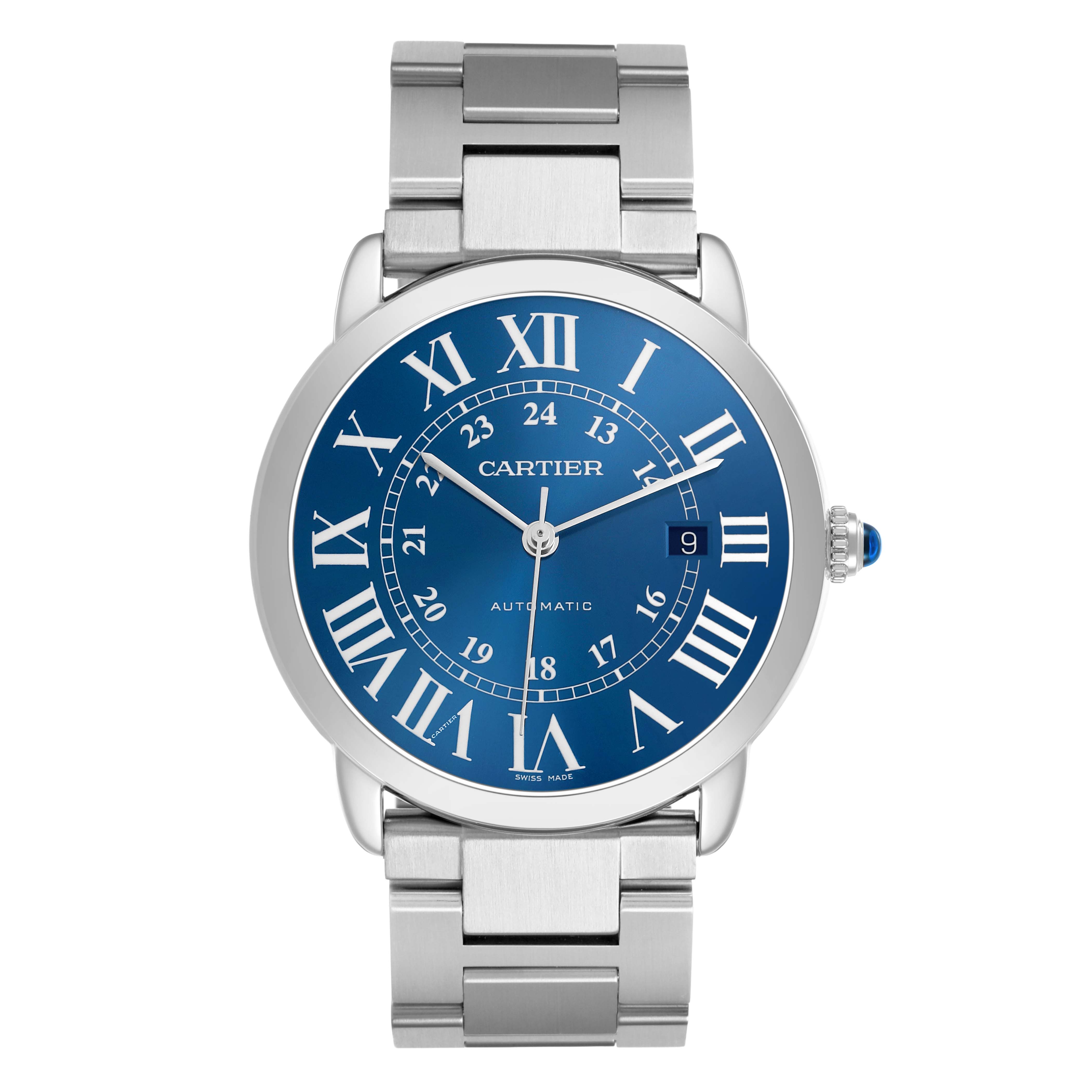 The Cartier Ronde WSRN0023 Men's Stainless Steel Blue Dial watch is shown from a front view, displaying the blue dial, Roman numerals, and metal bracelet.