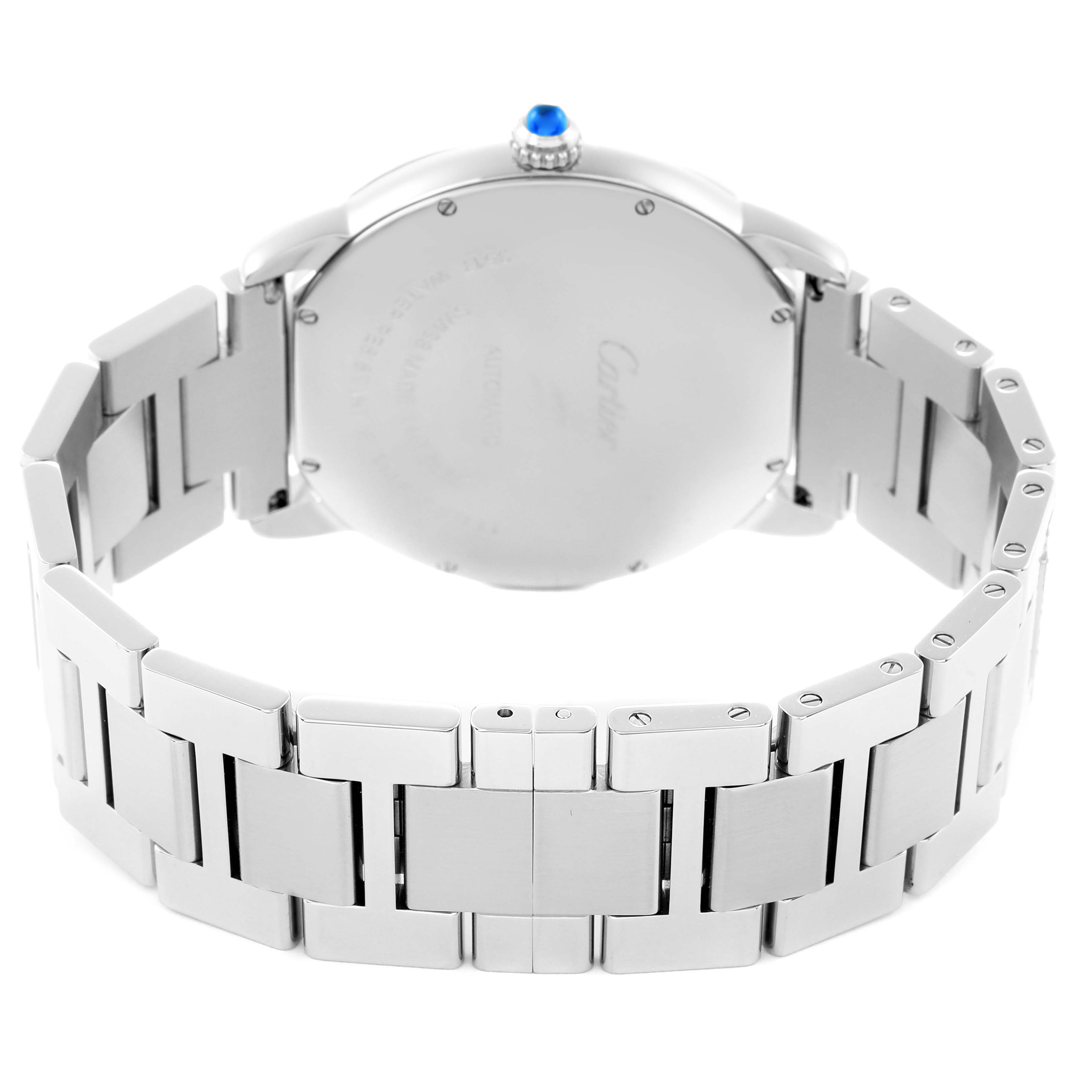 The image shows the back of the Cartier Ronde W6701011 Men's Stainless Steel Silver Dial W6701011 Men's Stainless Steel Silver Dial watch, highlighting its bracelet and case with a visible crown featuring a blue cabochon.