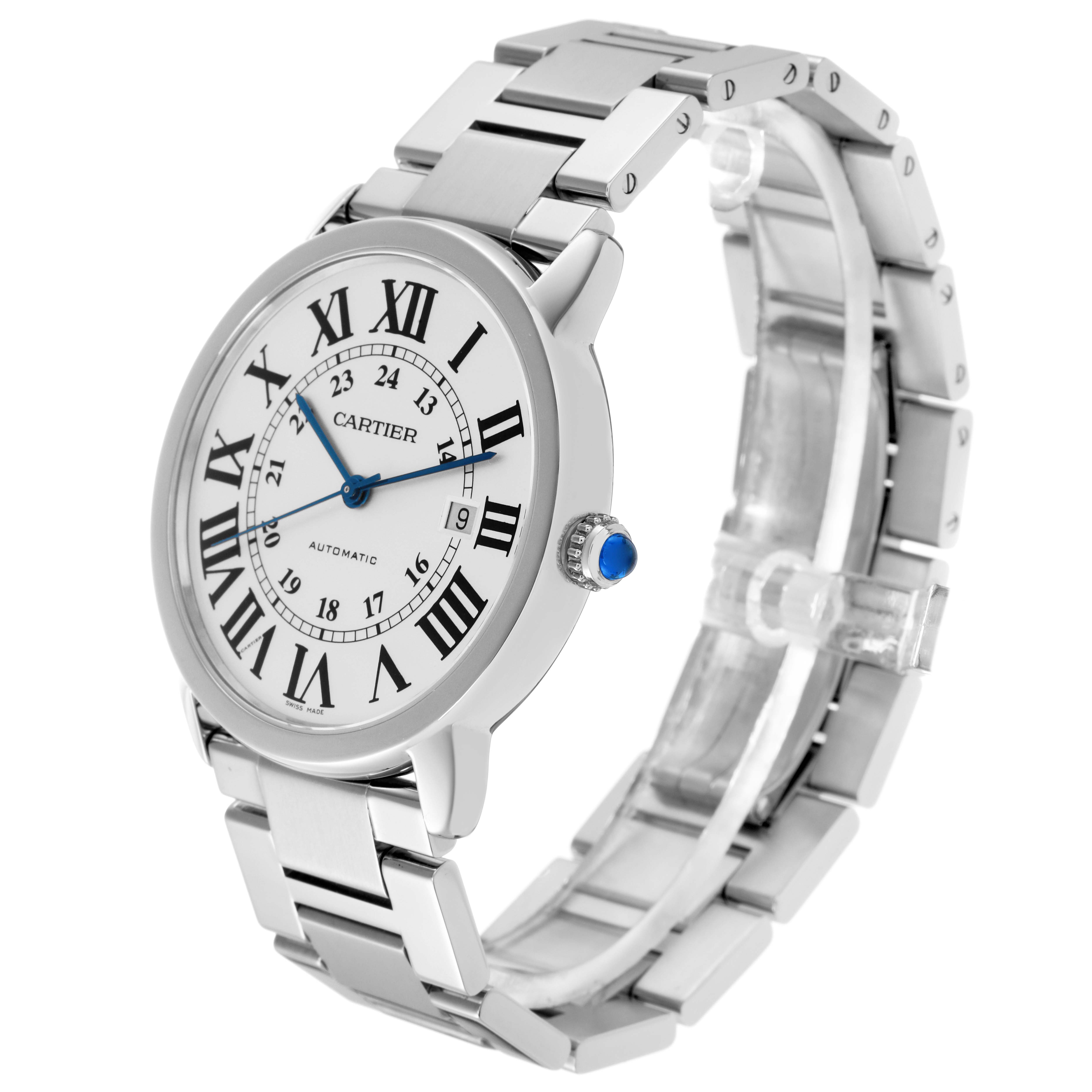 The Cartier Ronde W6701011 Men's Stainless Steel Silver Dial W6701011 Men's Stainless Steel Silver Dial watch is shown at a slight angle, featuring its face, bezel, crown, and bracelet.