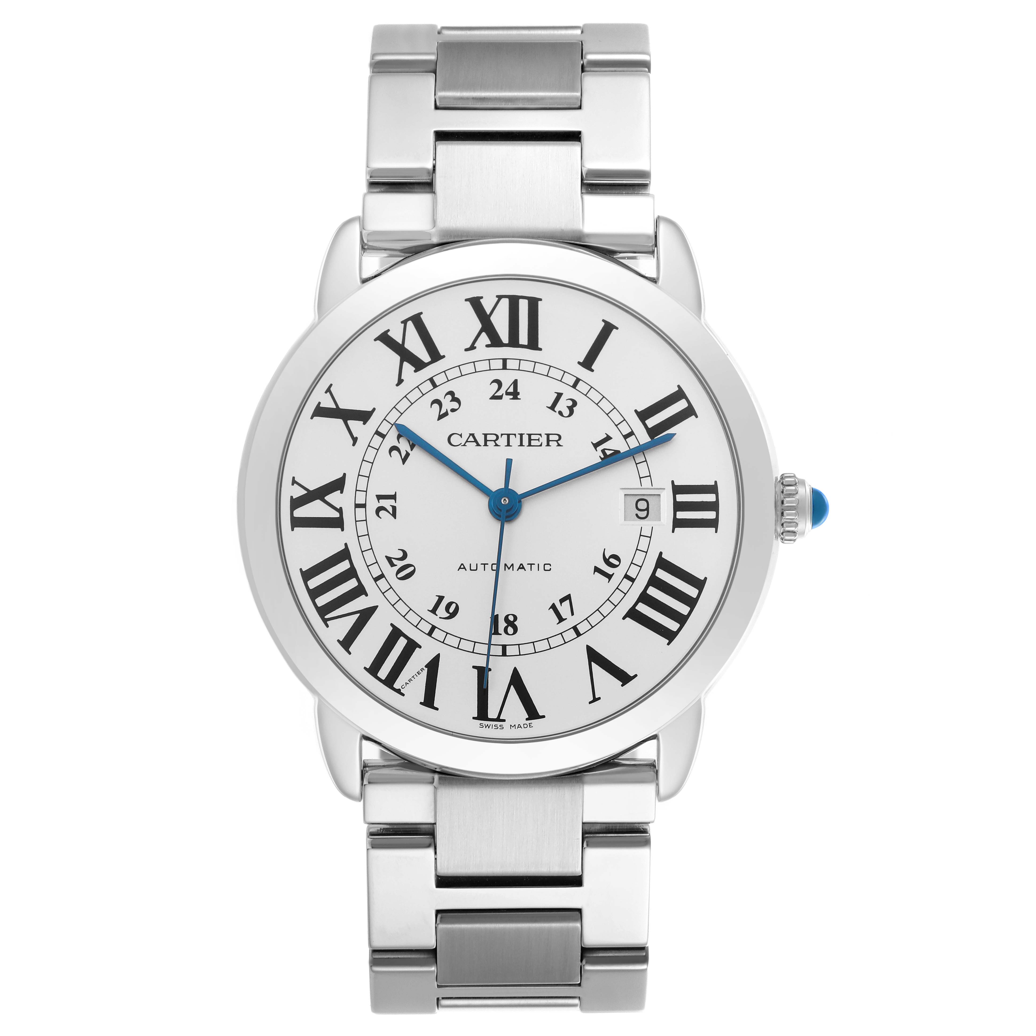 The Cartier Ronde W6701011 Men's Stainless Steel Silver Dial W6701011 Men's Stainless Steel Silver Dial watch is shown from the front, displaying its face, bracelet, and crown.