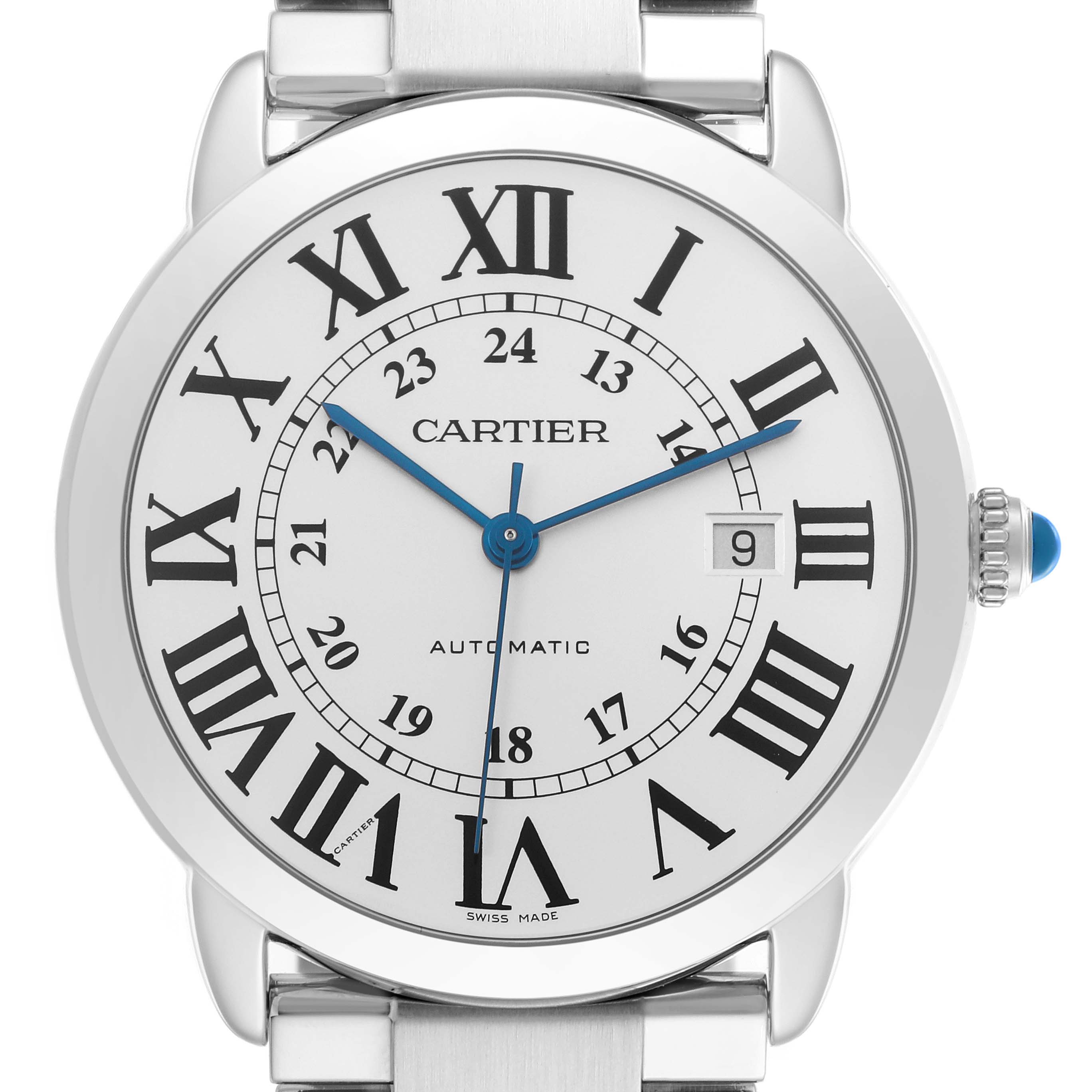 The Cartier Ronde W6701011 Men's Stainless Steel Silver Dial W6701011 Men's Stainless Steel Silver Dial watch is shown from a front angle, displaying the face, Roman numerals, hands, and date window.
