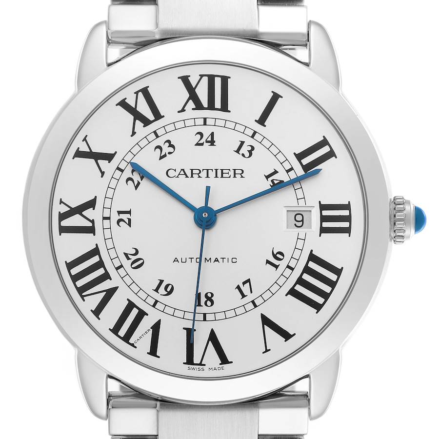 The Cartier Ronde watch is shown from a front angle, displaying the face, Roman numerals, hands, and date window.