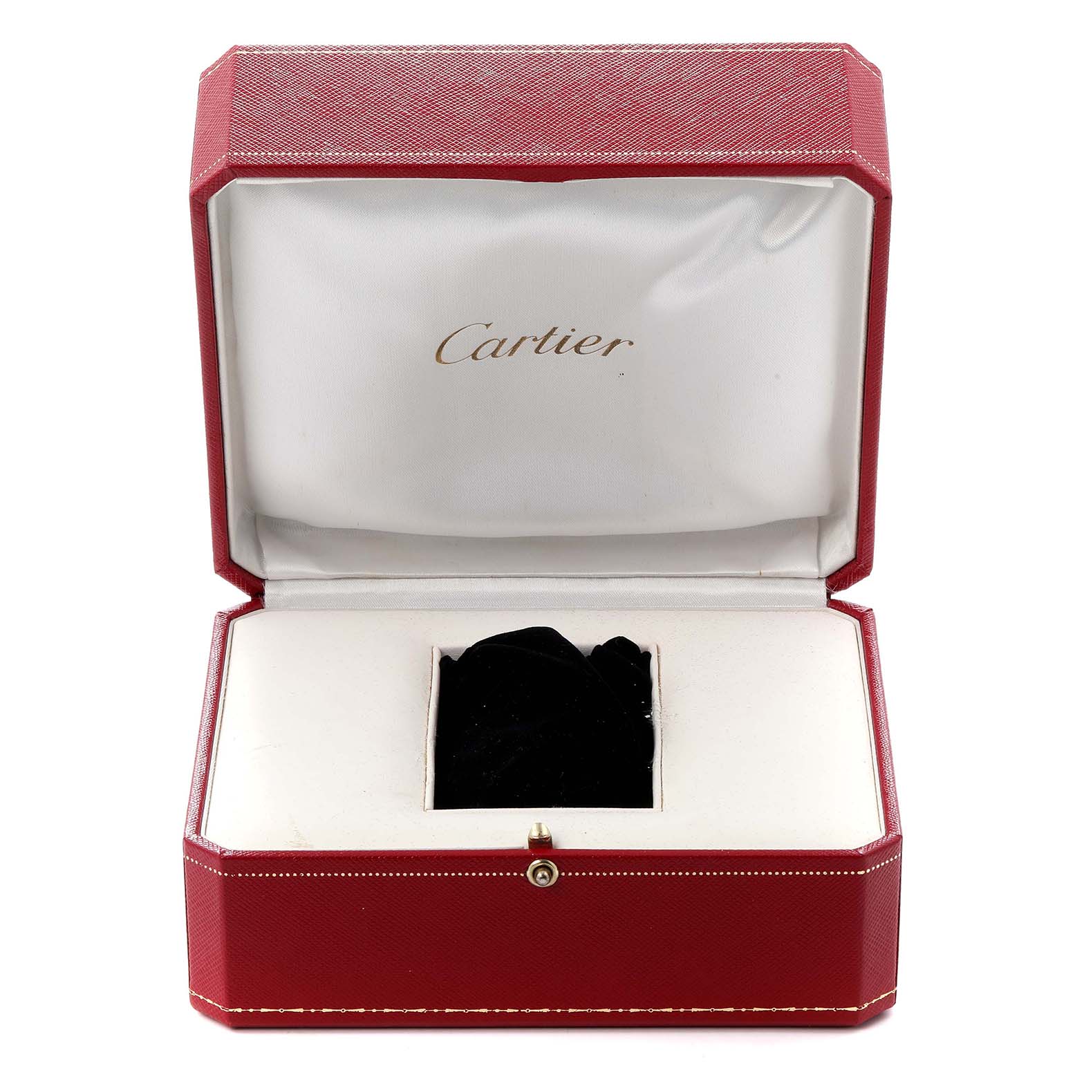 This image shows an open presentation box for a Cartier Ronde W6701011 Men's Stainless Steel Silver Dial W6701011 Men's Stainless Steel Silver Dial watch, featuring red exterior and white interior.