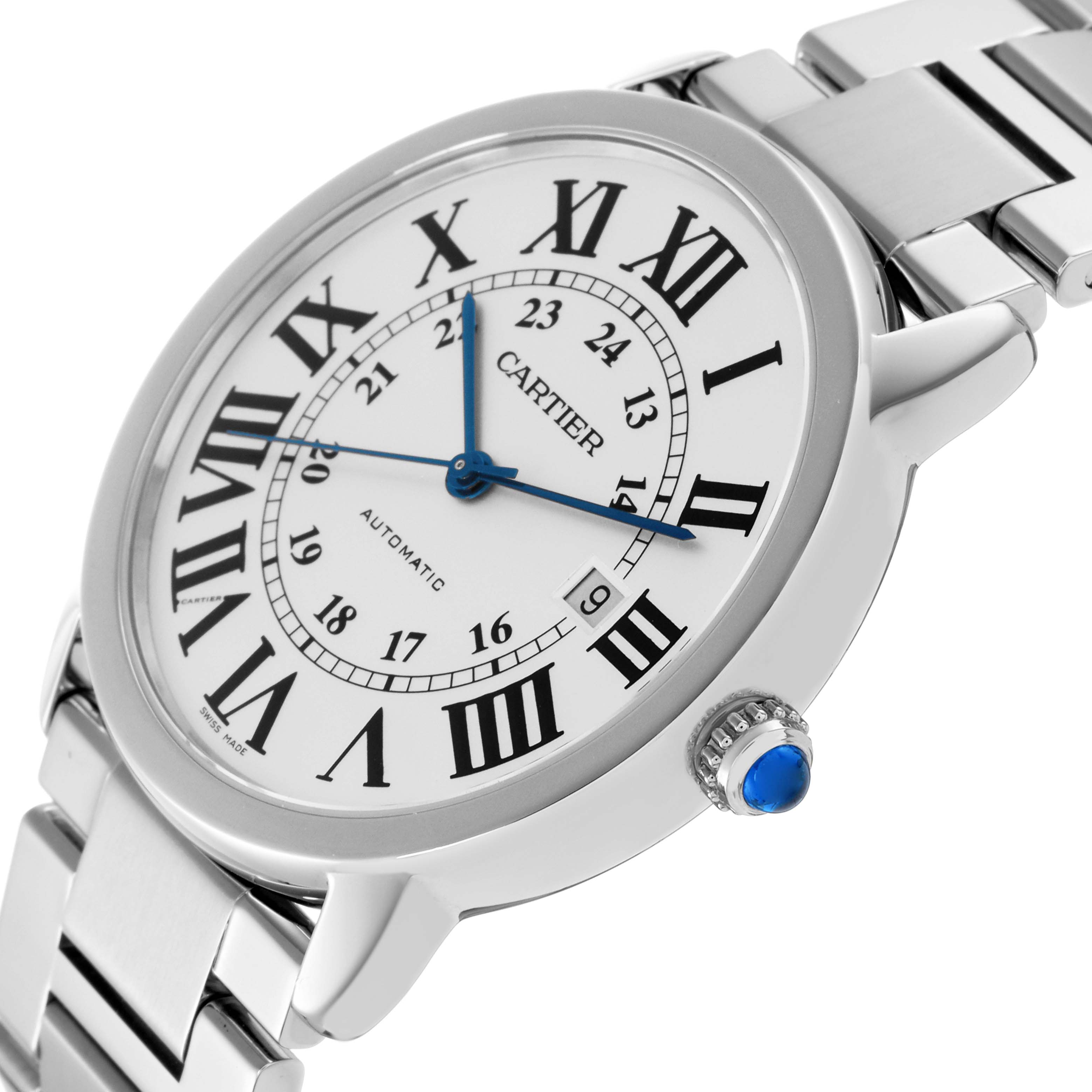 The Cartier Ronde W6701011 Men's Stainless Steel Silver Dial W6701011 Men's Stainless Steel Silver Dial watch is shown at an angled view, highlighting the face, Roman numerals, hands, crown, and metal bracelet.