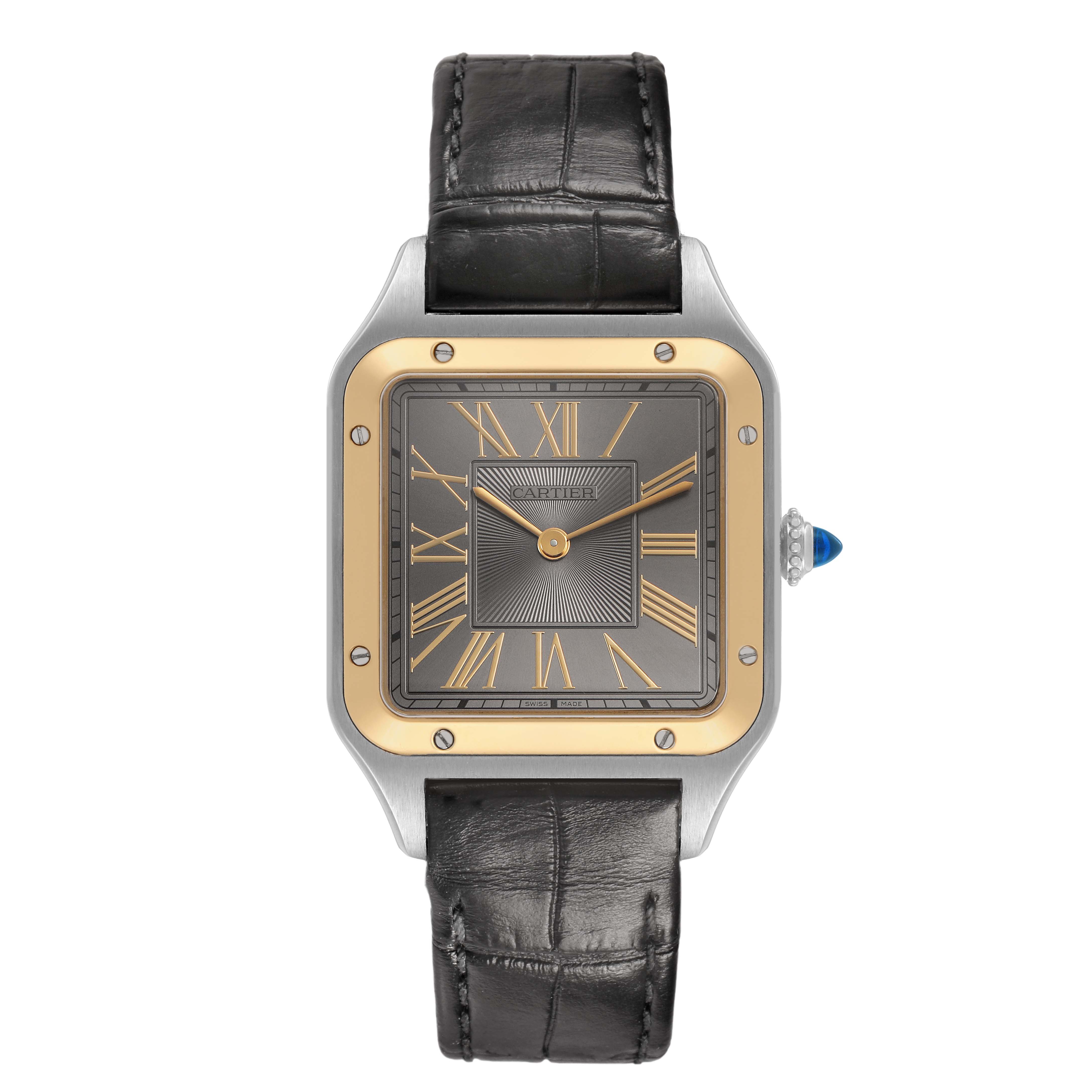 The Cartier Santos Dumont W2SA0028 Men's Steel and Gold (two tone) Grey Dial watch is shown from a front angle, displaying its square dial, Roman numerals, and leather strap.