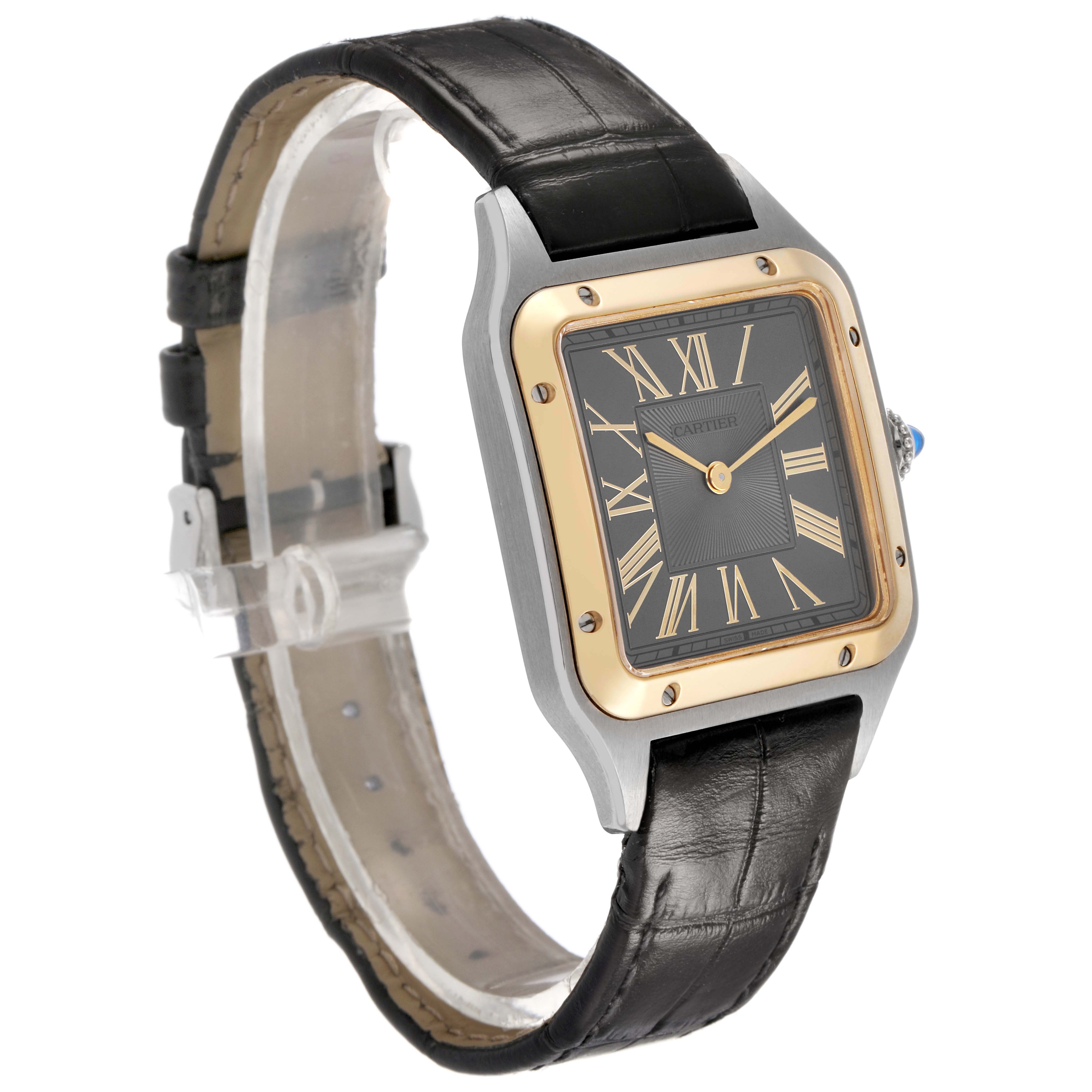 The Cartier Santos Dumont W2SA0028 Men's Steel and Gold (two tone) Grey Dial watch is shown at a three-quarter angle, highlighting its square face, leather strap, and gold bezel.