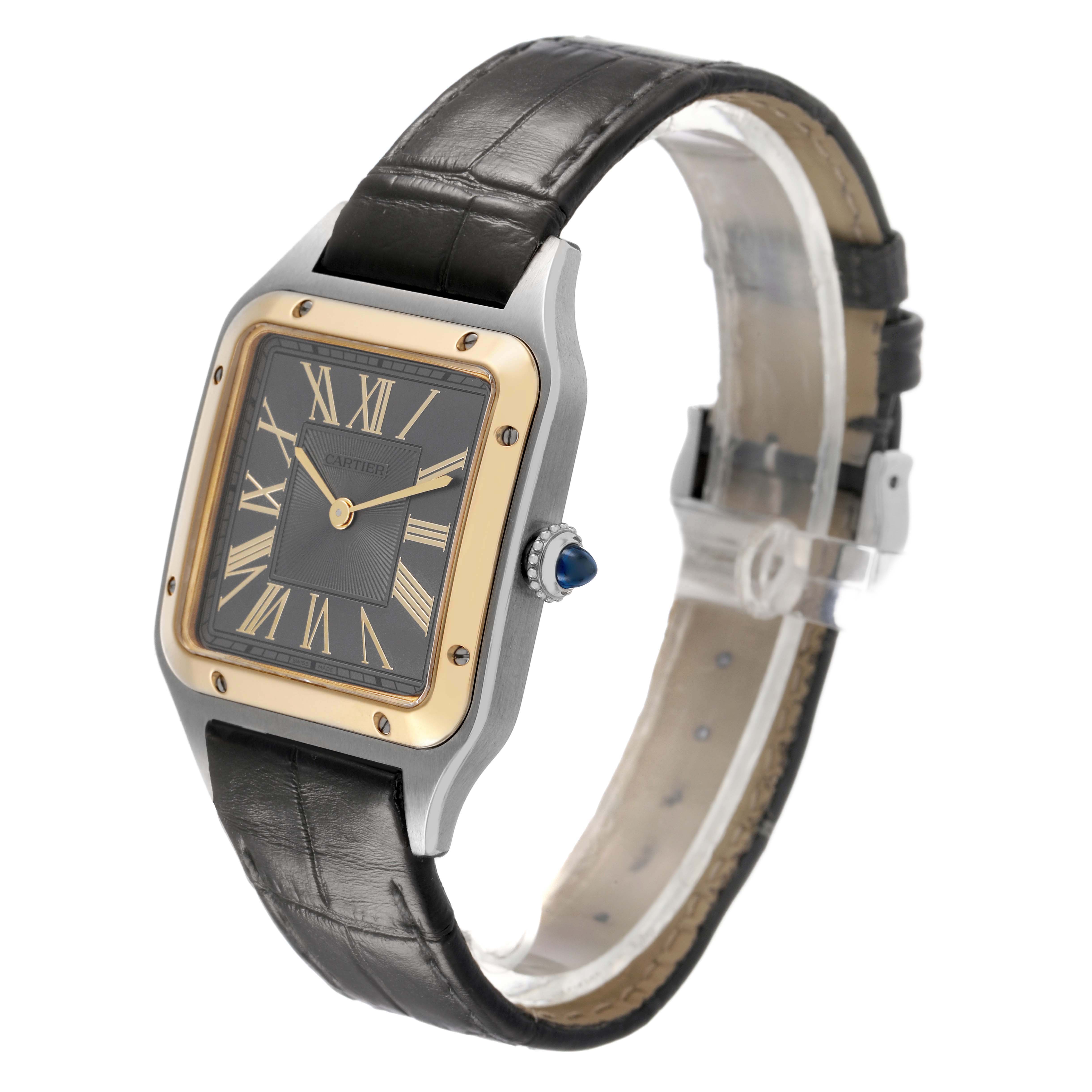 The Cartier Santos Dumont W2SA0028 Men's Steel and Gold (two tone) Grey Dial watch is shown at a three-quarter angle, highlighting the face, crown, and leather strap.