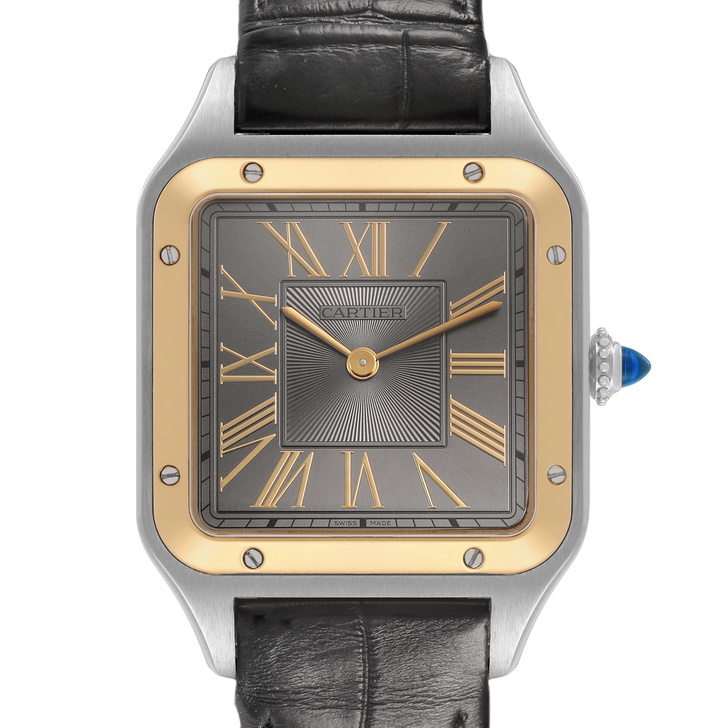 The Cartier Santos Dumont W2SA0028 Men's Steel and Gold (two tone) Grey Dial watch is shown from the front, highlighting its square face with gold accents and a black leather strap.