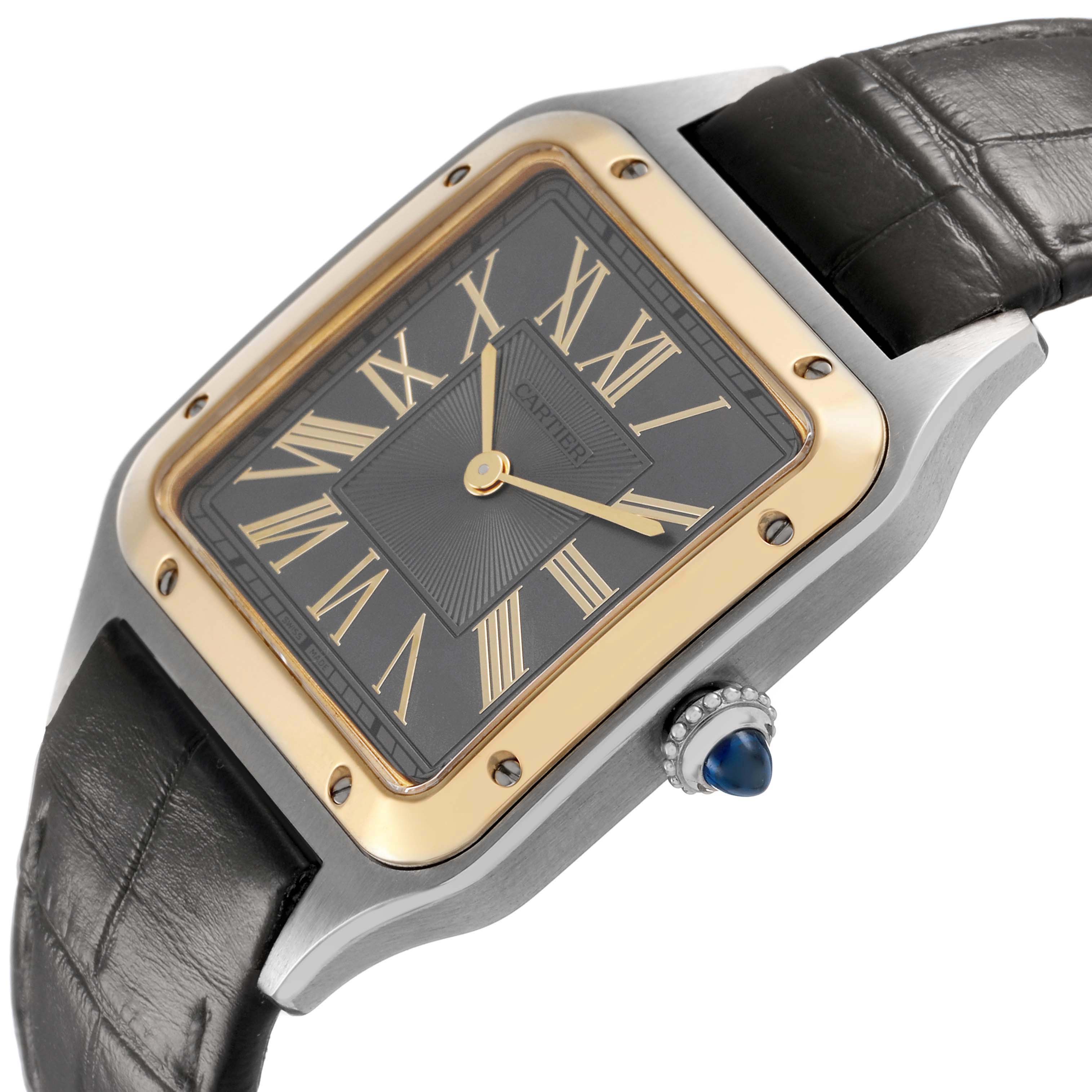 The image shows a Cartier Santos Dumont W2SA0028 Men's Steel and Gold (two tone) Grey Dial watch at an angle highlighting the dial, crown, and leather strap.