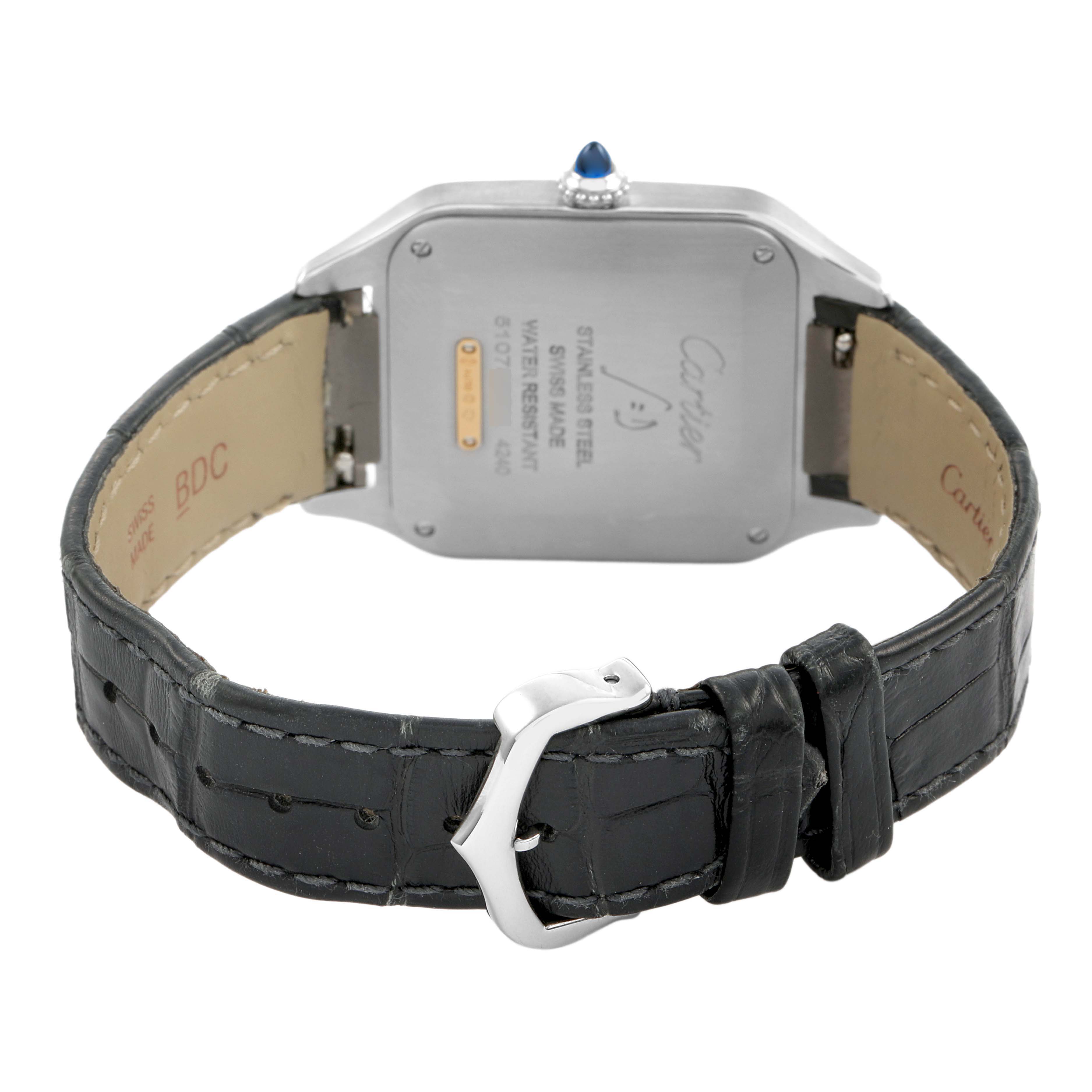 The image shows the back view of the Cartier Santos Dumont W2SA0028 Men's Steel and Gold (two tone) Grey Dial watch, highlighting the case back and strap buckle.