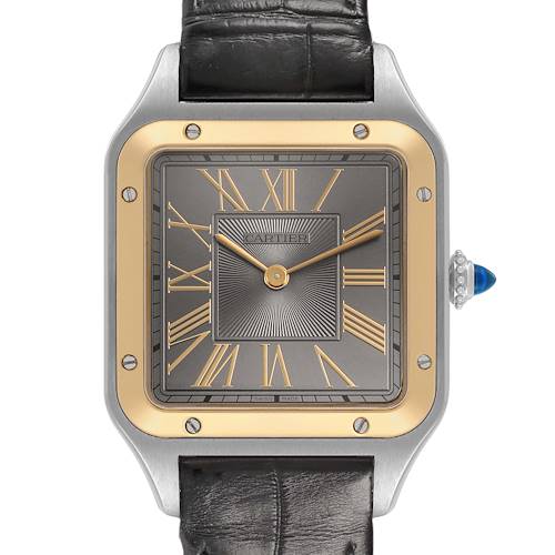 The Cartier Santos Dumont W2SA0028 Men's Steel and Gold (two tone) Grey Dial watch is shown from a front angle, highlighting the face, bezel, crown, and strap.