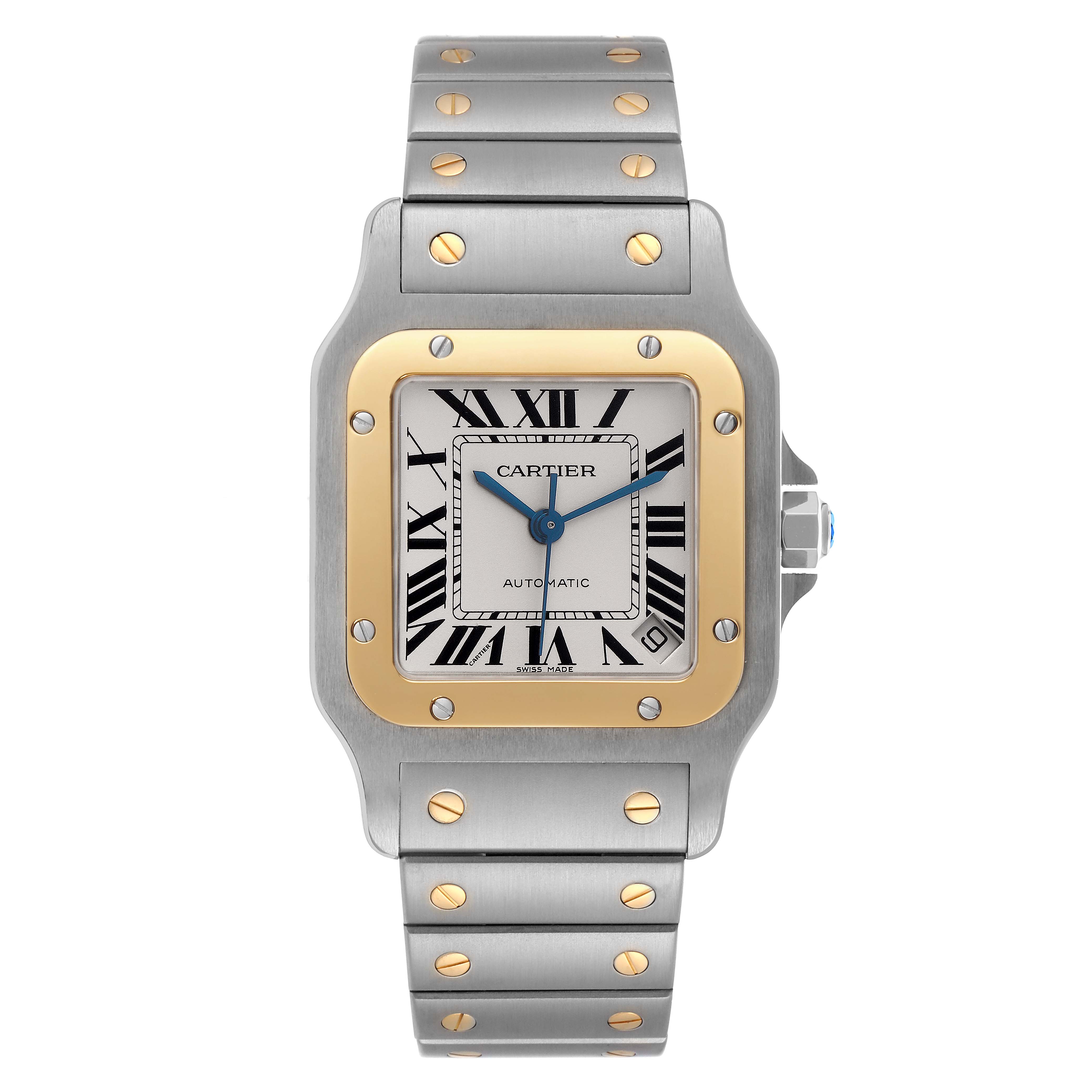 The Cartier Santos W20099C4 Men
s Steel and Gold (two tone) Silver Dial W20099C4 Men
s Steel and Gold (two tone) Silver Dial watch is shown from a front angle, highlighting its square case, gold bezel, Roman numeral dial, and metal bracelet.