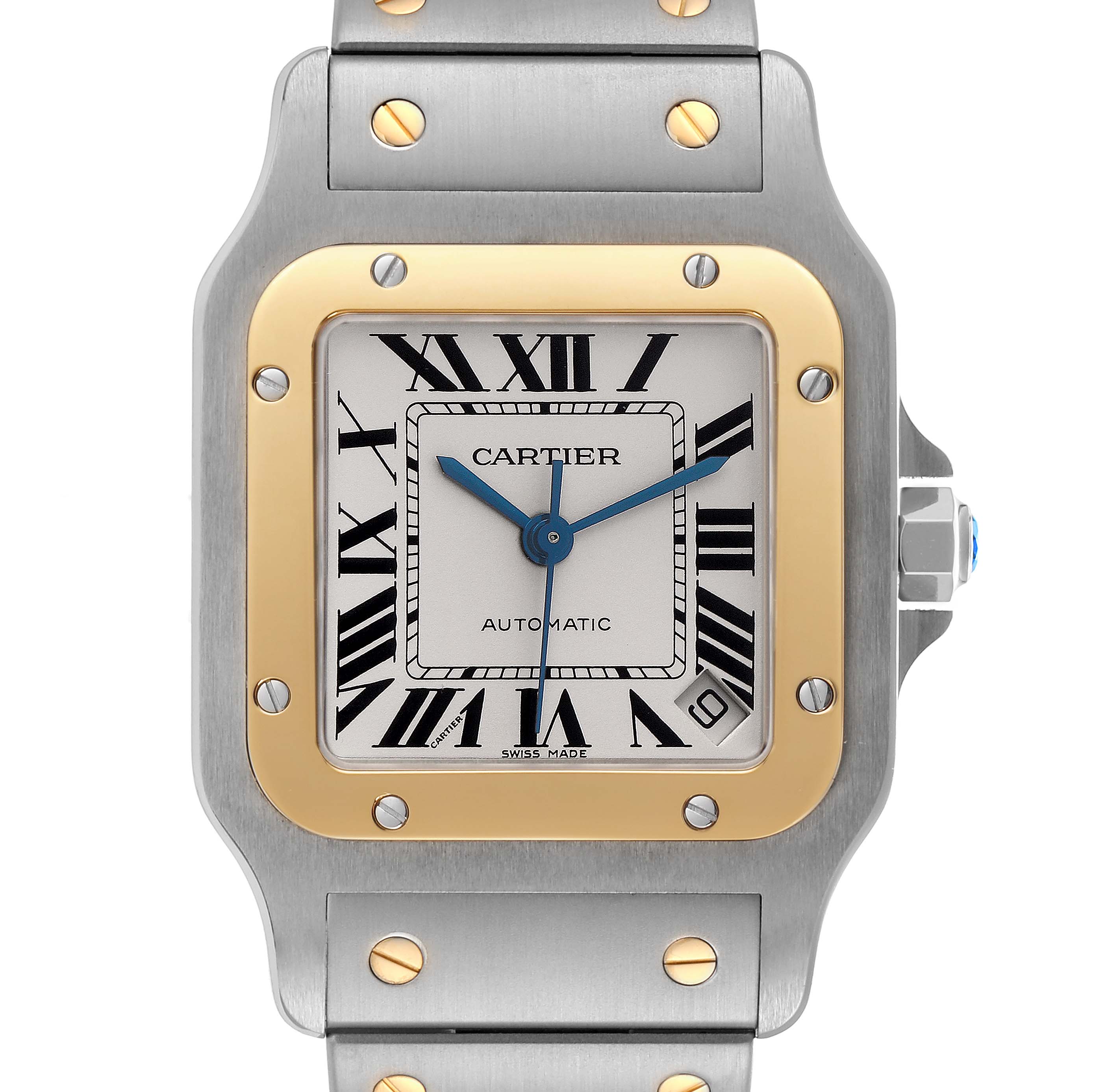 The Cartier Santos W20099C4 Men
s Steel and Gold (two tone) Silver Dial W20099C4 Men
s Steel and Gold (two tone) Silver Dial watch is shown from a front angle, highlighting its face, bezel, and part of the bracelet.