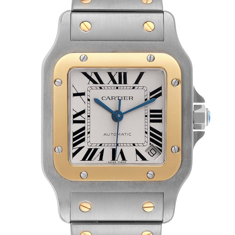 The Cartier Santos watch is shown from a front angle, highlighting its face, bezel, and part of the bracelet.