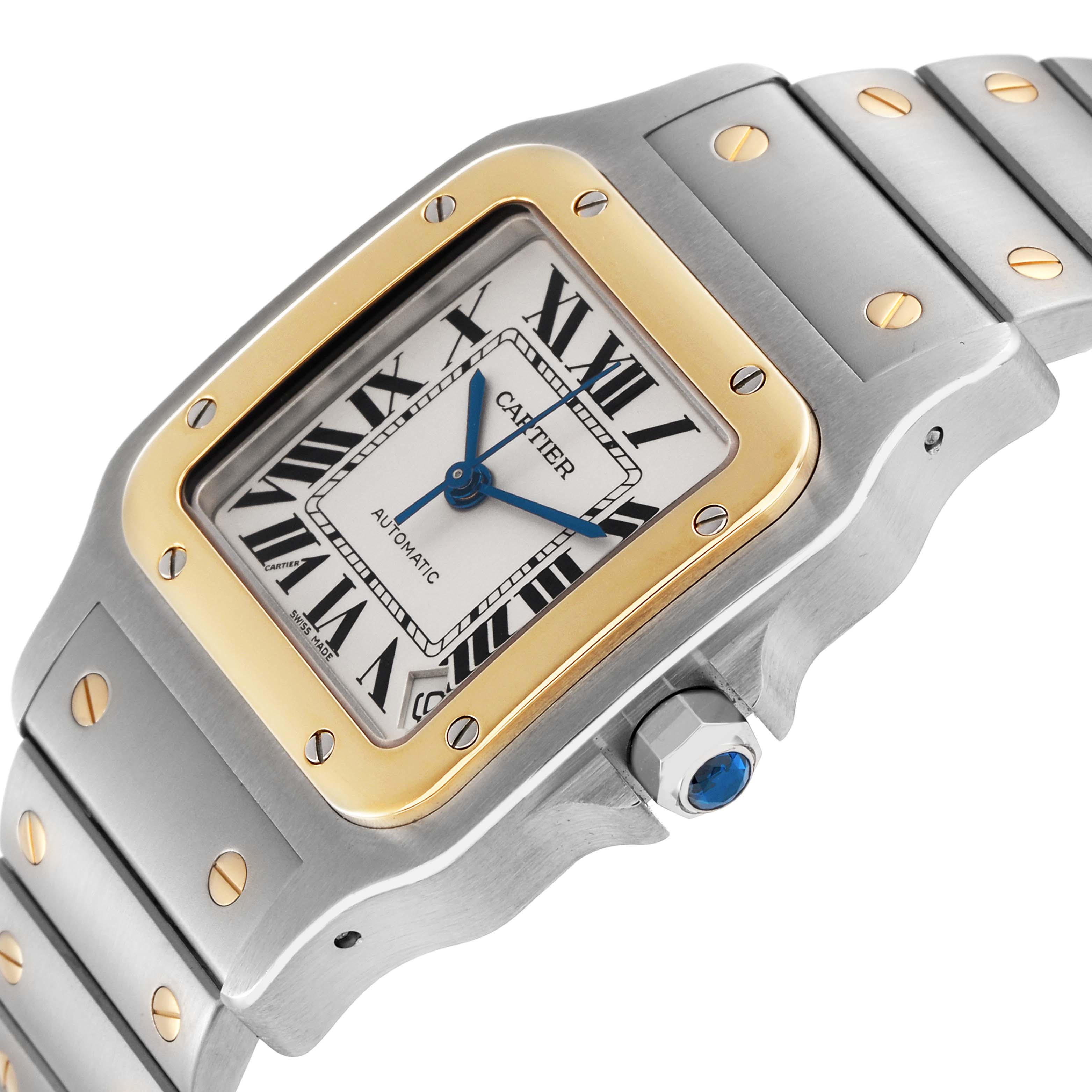 The Cartier Santos W20099C4 Men
s Steel and Gold (two tone) Silver Dial W20099C4 Men
s Steel and Gold (two tone) Silver Dial watch is shown at an angle highlighting the bezel, face, bracelet, and crown detail.