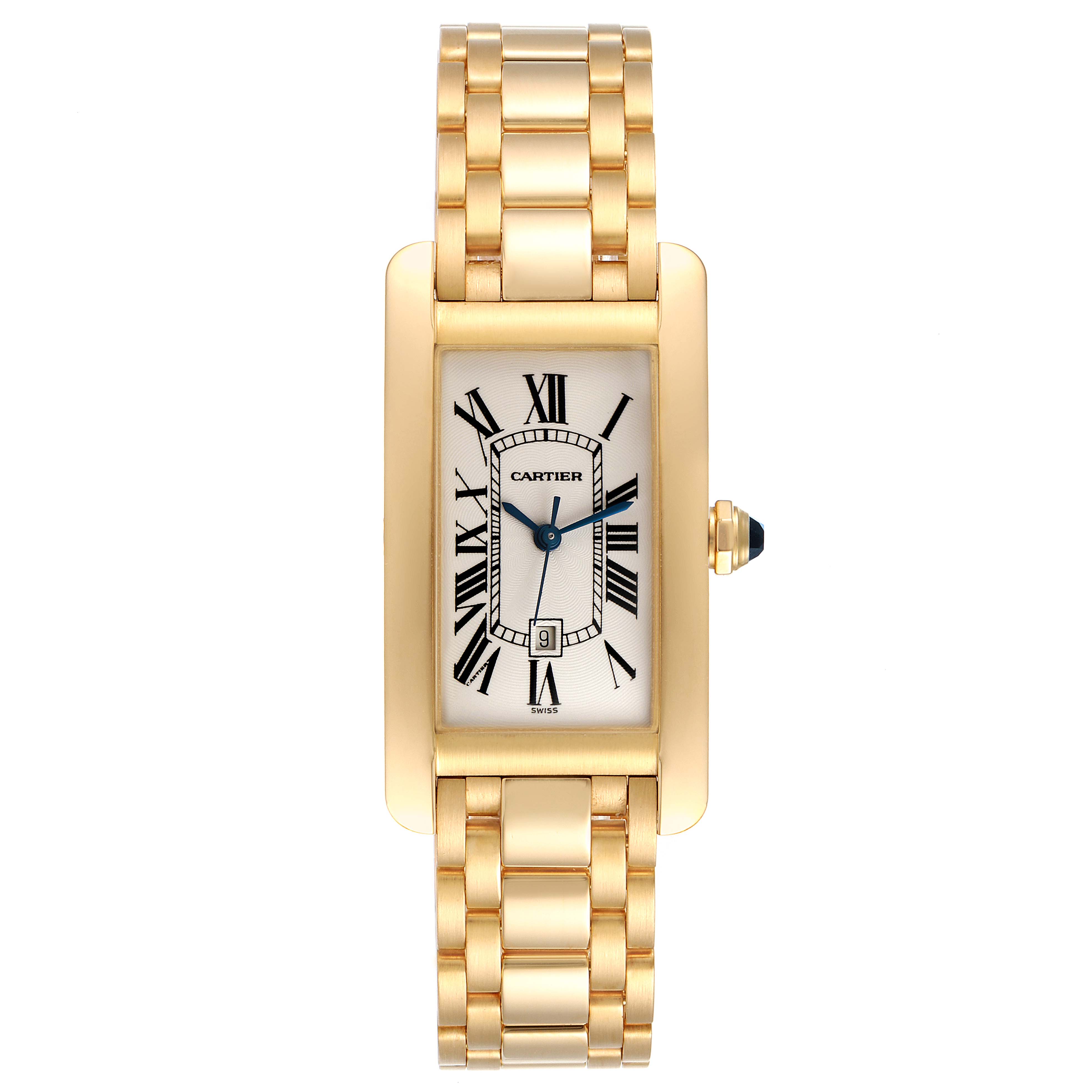 This image shows a front view of a Cartier Tank Americaine W26035K2 Women's Yellow Gold Silver Dial W26035K2 Women's Yellow Gold Silver Dial watch, highlighting its rectangular case, Roman numeral dial, and gold bracelet.