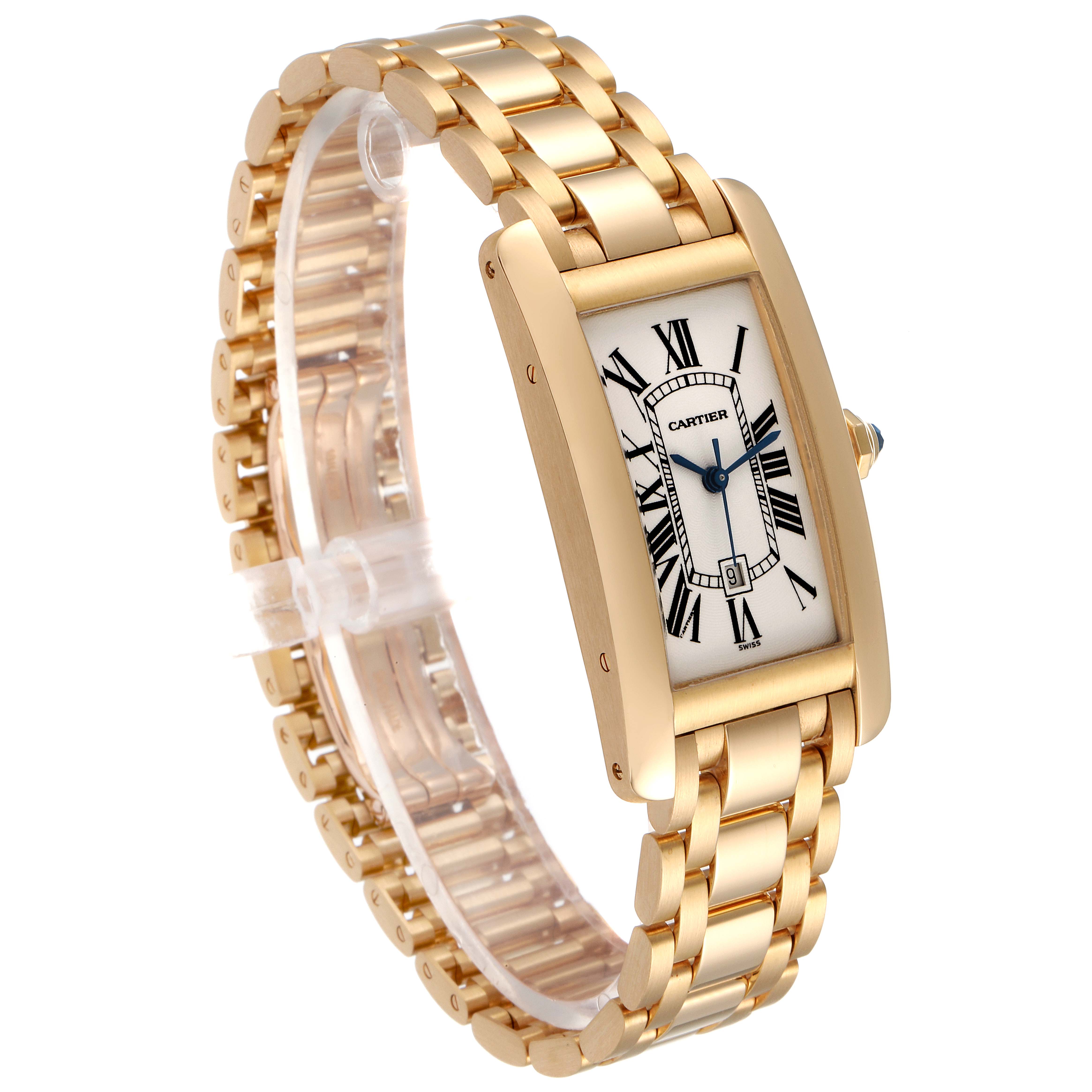 This image shows the Cartier Tank Americaine W26035K2 Women's Yellow Gold Silver Dial W26035K2 Women's Yellow Gold Silver Dial watch from an angled side view, highlighting its rectangular face and gold link bracelet.