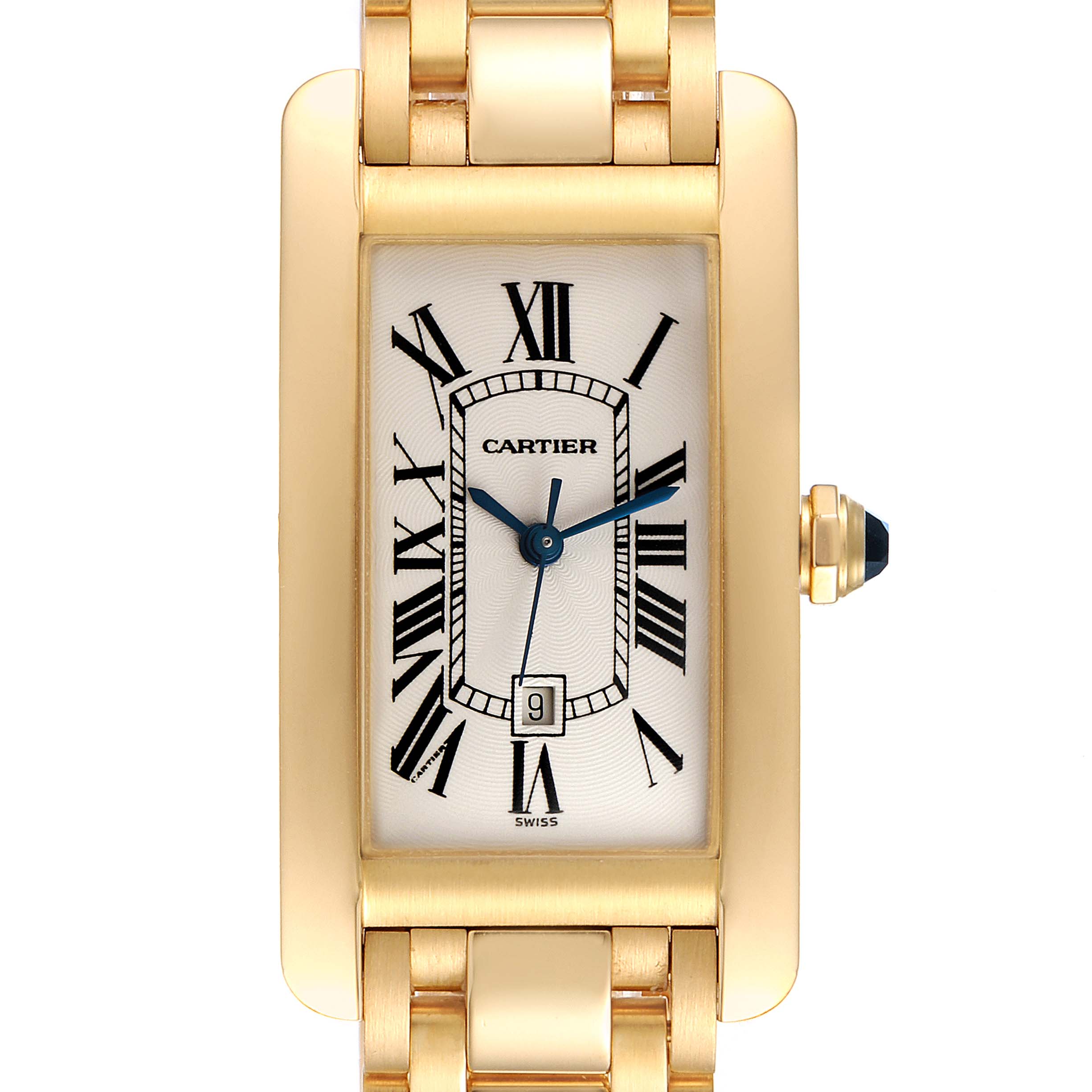 The image shows a frontal view of the Cartier Tank Americaine W26035K2 Women's Yellow Gold Silver Dial W26035K2 Women's Yellow Gold Silver Dial watch, highlighting its dial, hands, and part of the bracelet.