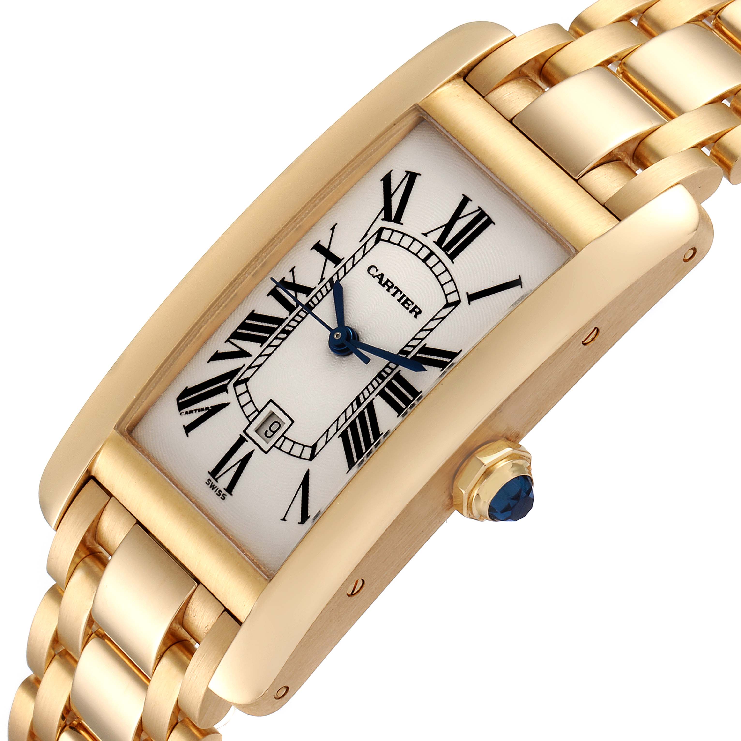 This image shows the face, case, and part of the bracelet of a Cartier Tank Americaine W26035K2 Women's Yellow Gold Silver Dial W26035K2 Women's Yellow Gold Silver Dial watch from an angled view.