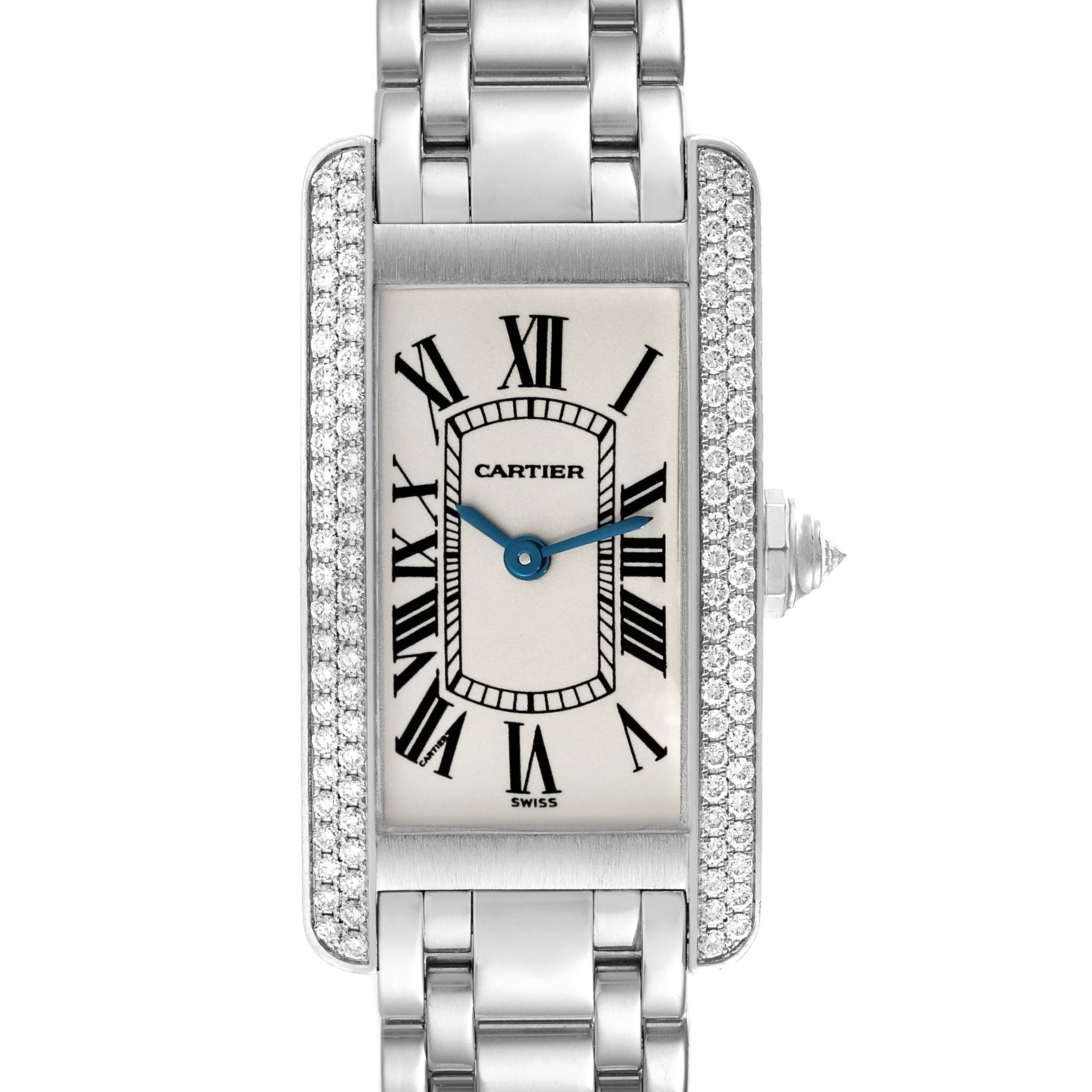 The image shows a front view of the Cartier Tank Americaine WB7018L1 Women's White Gold Silver Dial WB7018L1 Women's White Gold Silver Dial watch, displaying its face, dial, and part of the metal bracelet.