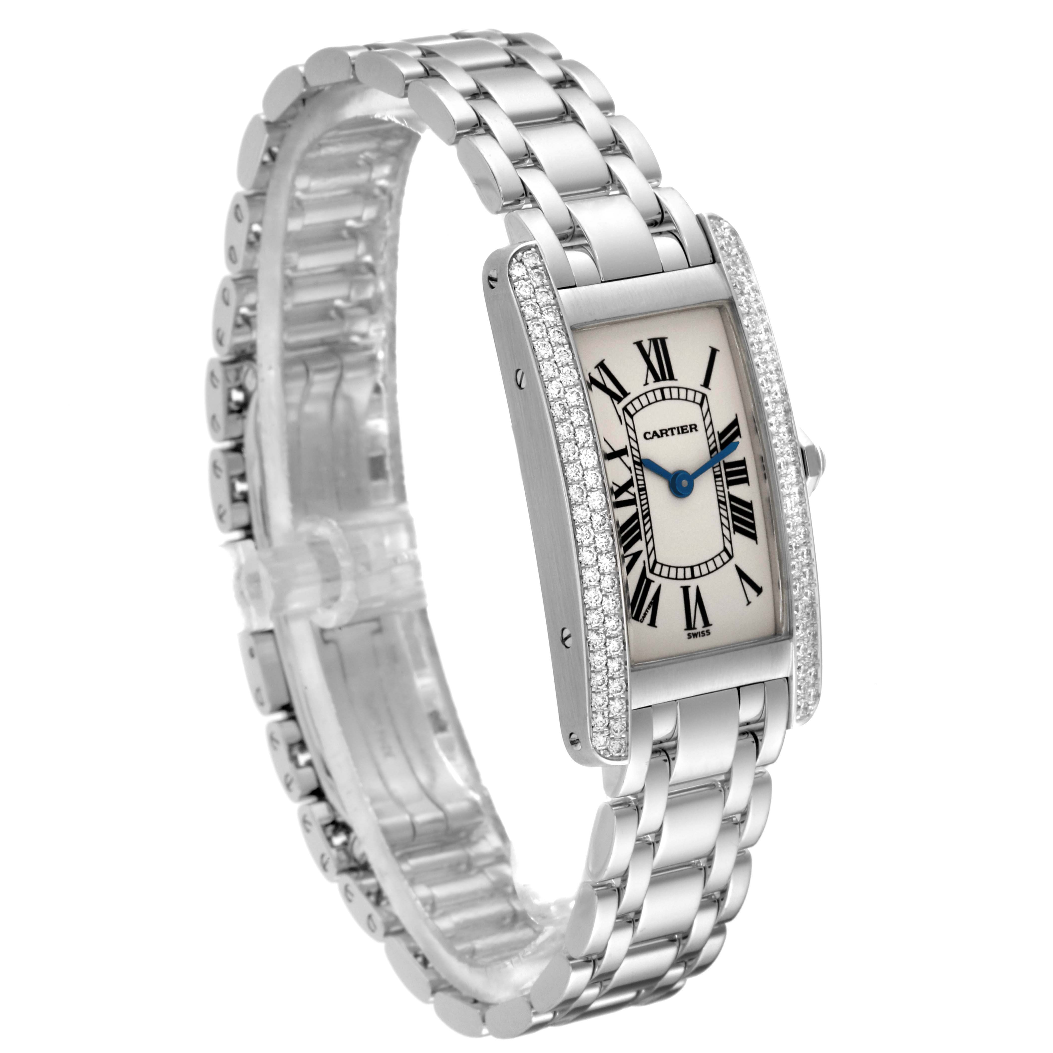 The image shows a Cartier Tank Americaine WB7018L1 Women's White Gold Silver Dial WB7018L1 Women's White Gold Silver Dial watch at a three-quarter angle, highlighting its bracelet, rectangular case, dial, and diamond bezel.