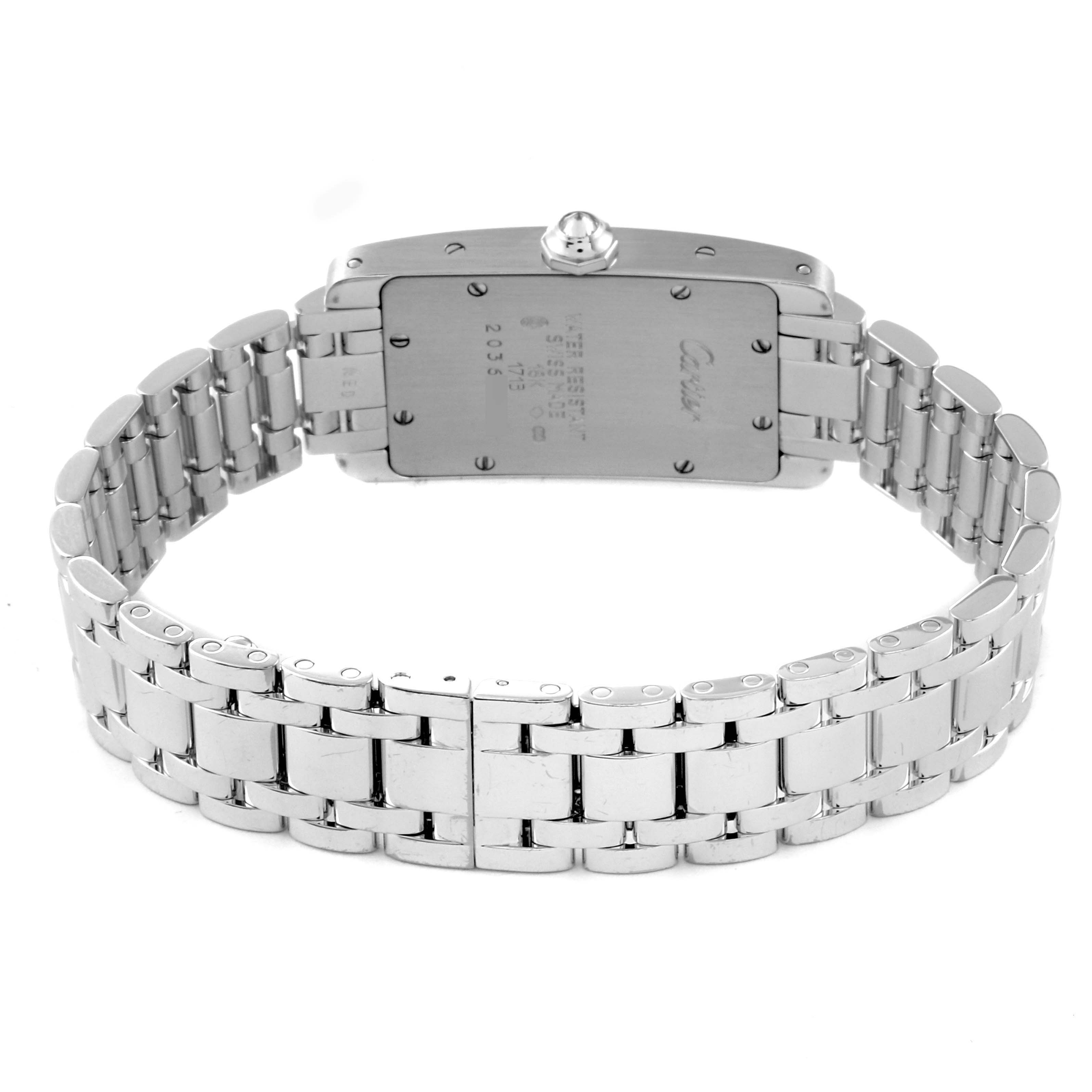 This image shows the back case and metal bracelet of the Cartier Tank Americaine WB7018L1 Women's White Gold Silver Dial WB7018L1 Women's White Gold Silver Dial watch, viewed from the back.