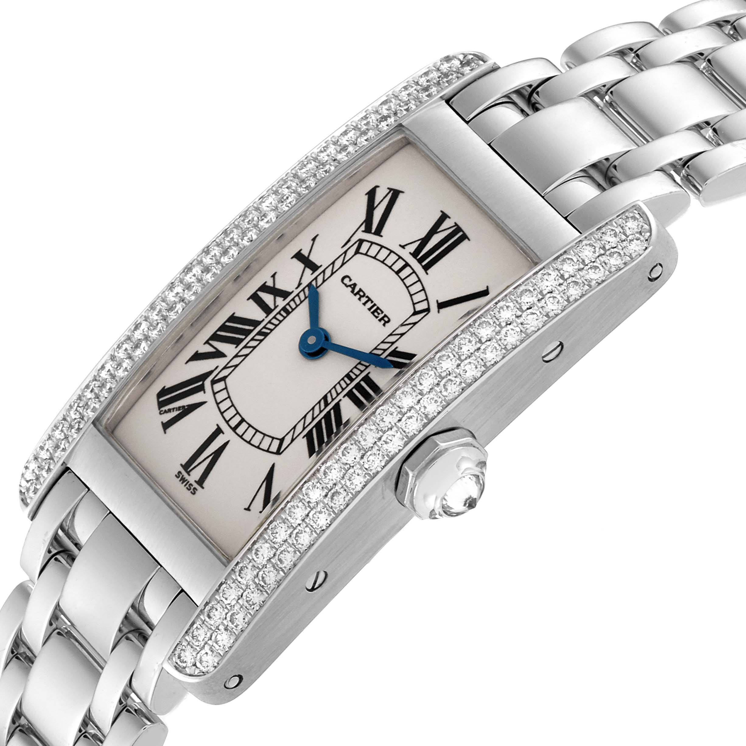 The Cartier Tank Americaine WB7018L1 Women's White Gold Silver Dial WB7018L1 Women's White Gold Silver Dial watch is shown at a slight angle, highlighting the face, crown, and diamond-encrusted case.