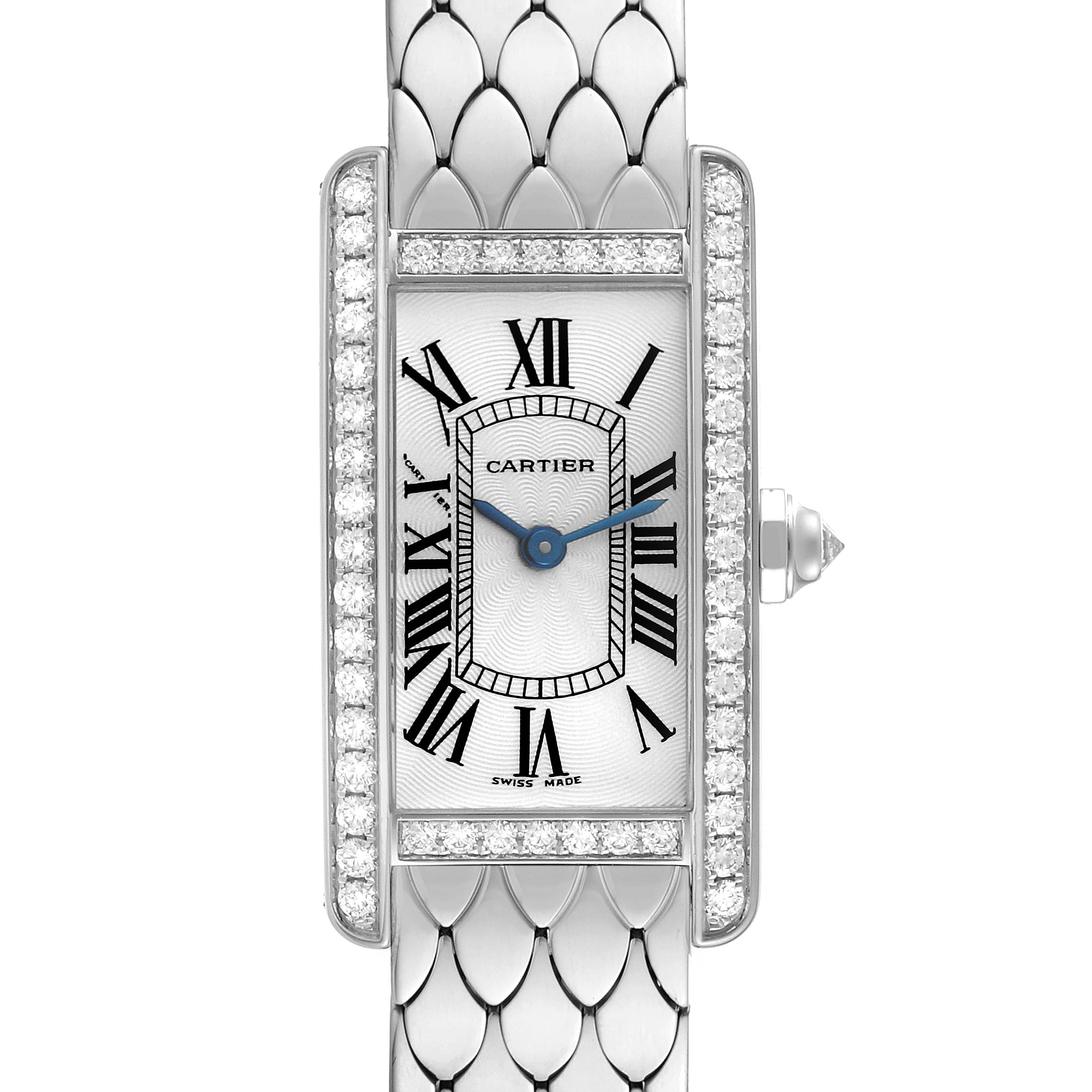 This is a front view of the Tank Americaine model by Cartier, showing the face, dial, crown, and part of the bracelet.