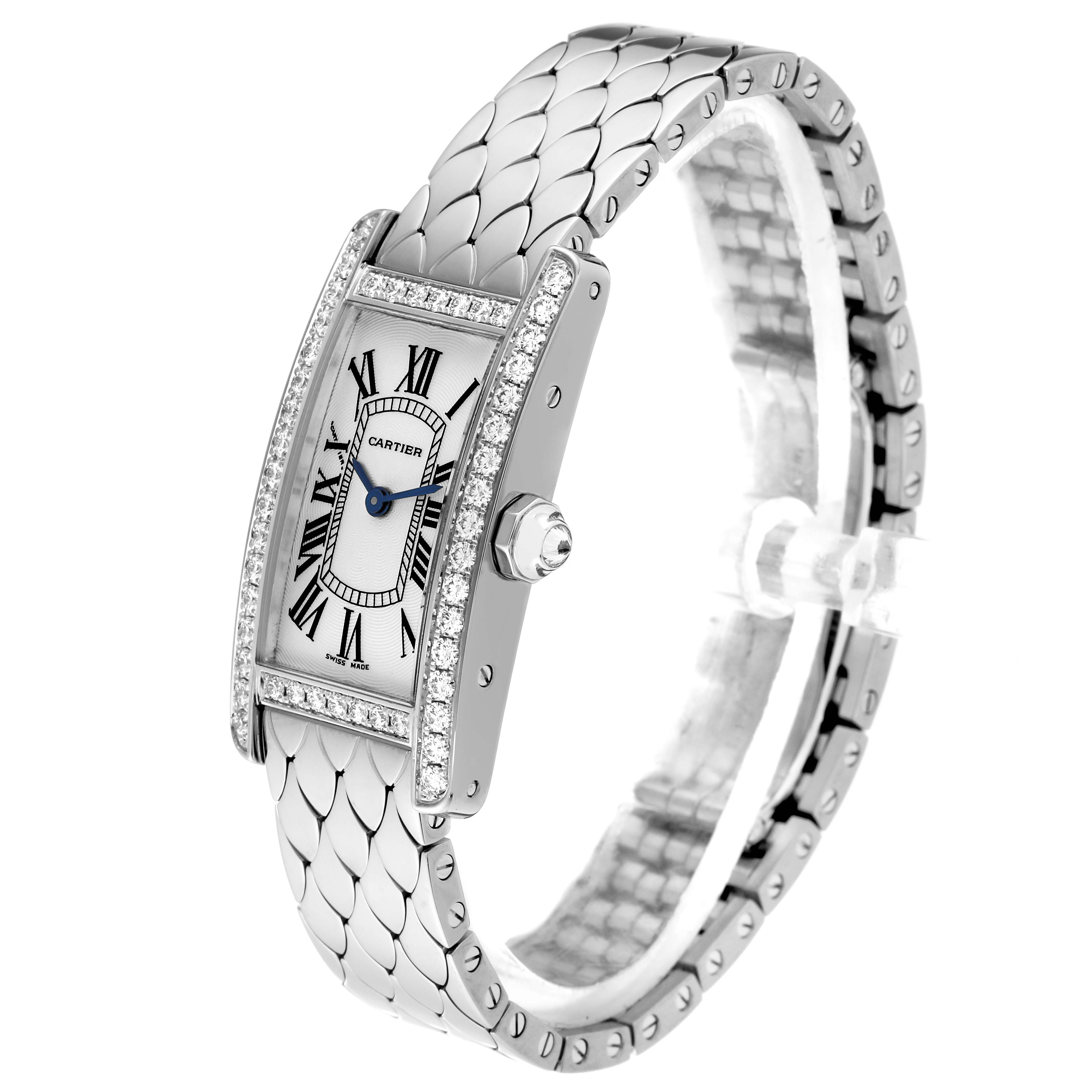 The Cartier Tank Americaine WB710009 Women's White Gold Silver Dial WB710009 Women's White Gold Silver Dial watch is shown from a three-quarter angle, highlighting its face, bezel, and bracelet.