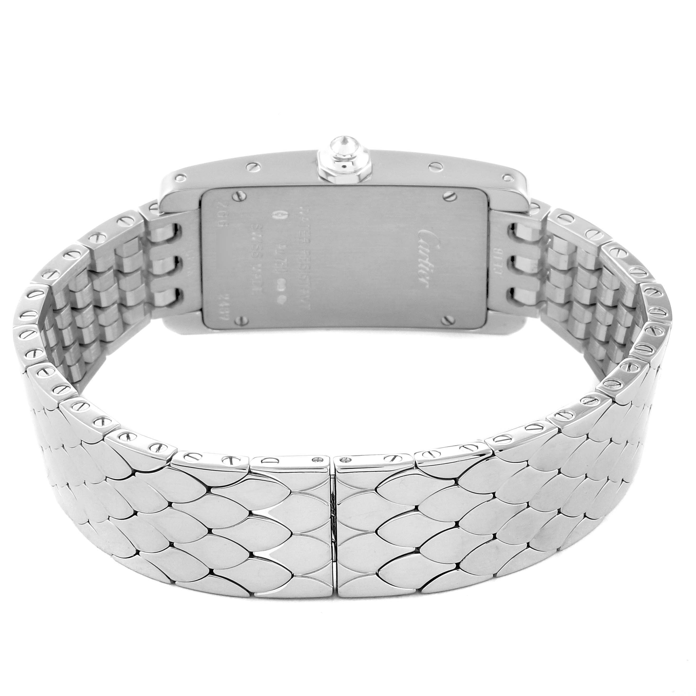 This image shows the back view of the Cartier Tank Américaine watch, highlighting its case back and metal bracelet.