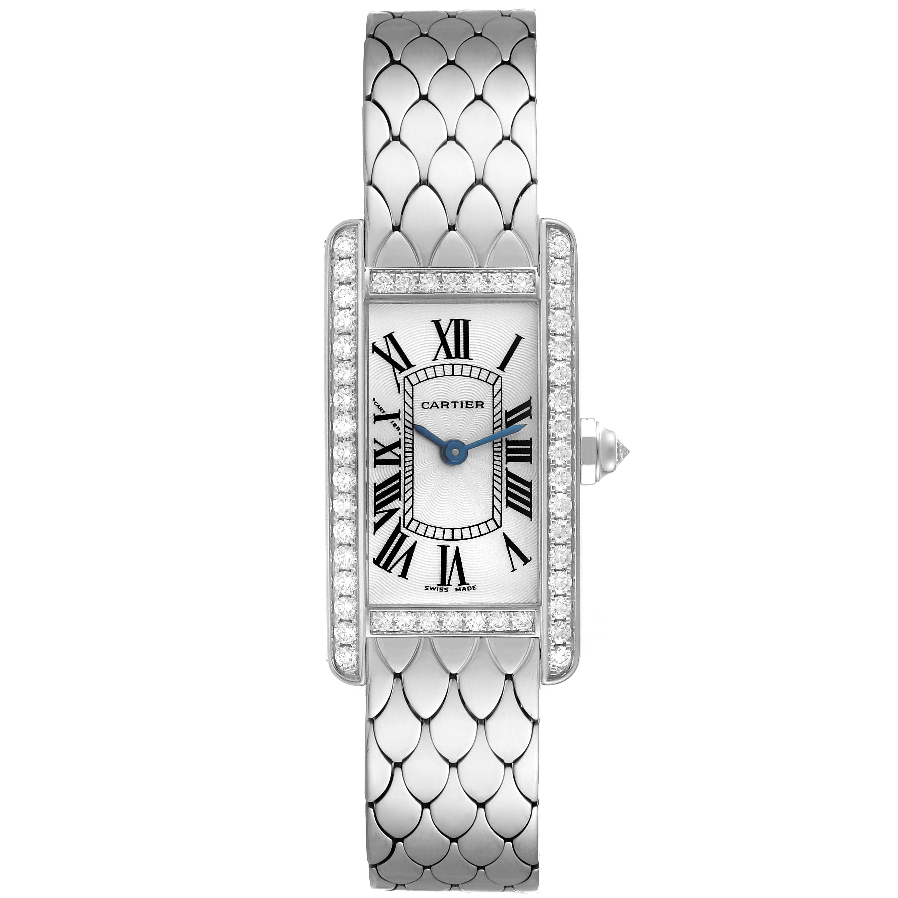 The image shows a frontal view of a Tank Américaine model watch by Cartier, highlighting its rectangular face, Roman numerals, and metal bracelet.