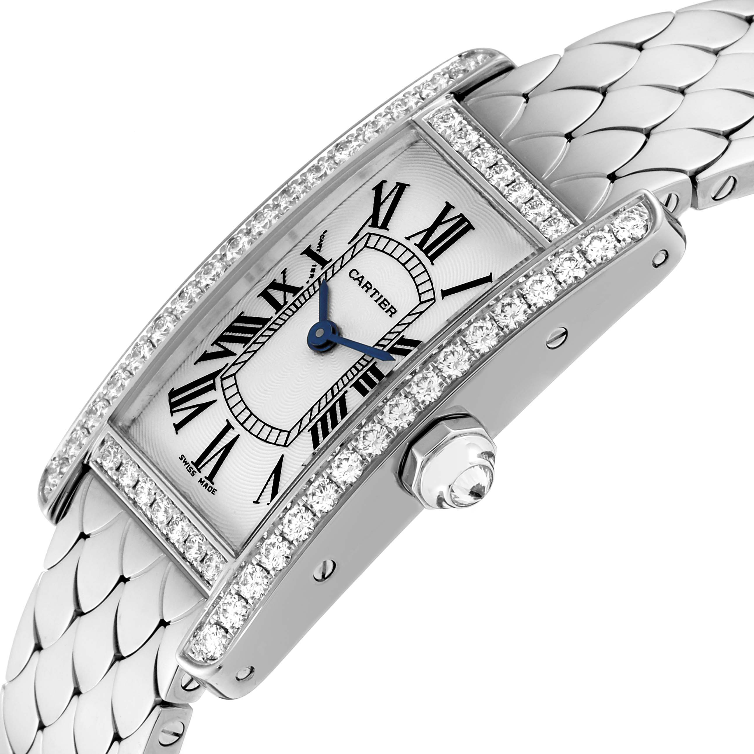 The Cartier Tank Americaine WB710009 Women's White Gold Silver Dial WB710009 Women's White Gold Silver Dial watch is shown from a slight side angle, highlighting the diamond-studded bezel and detailed bracelet.