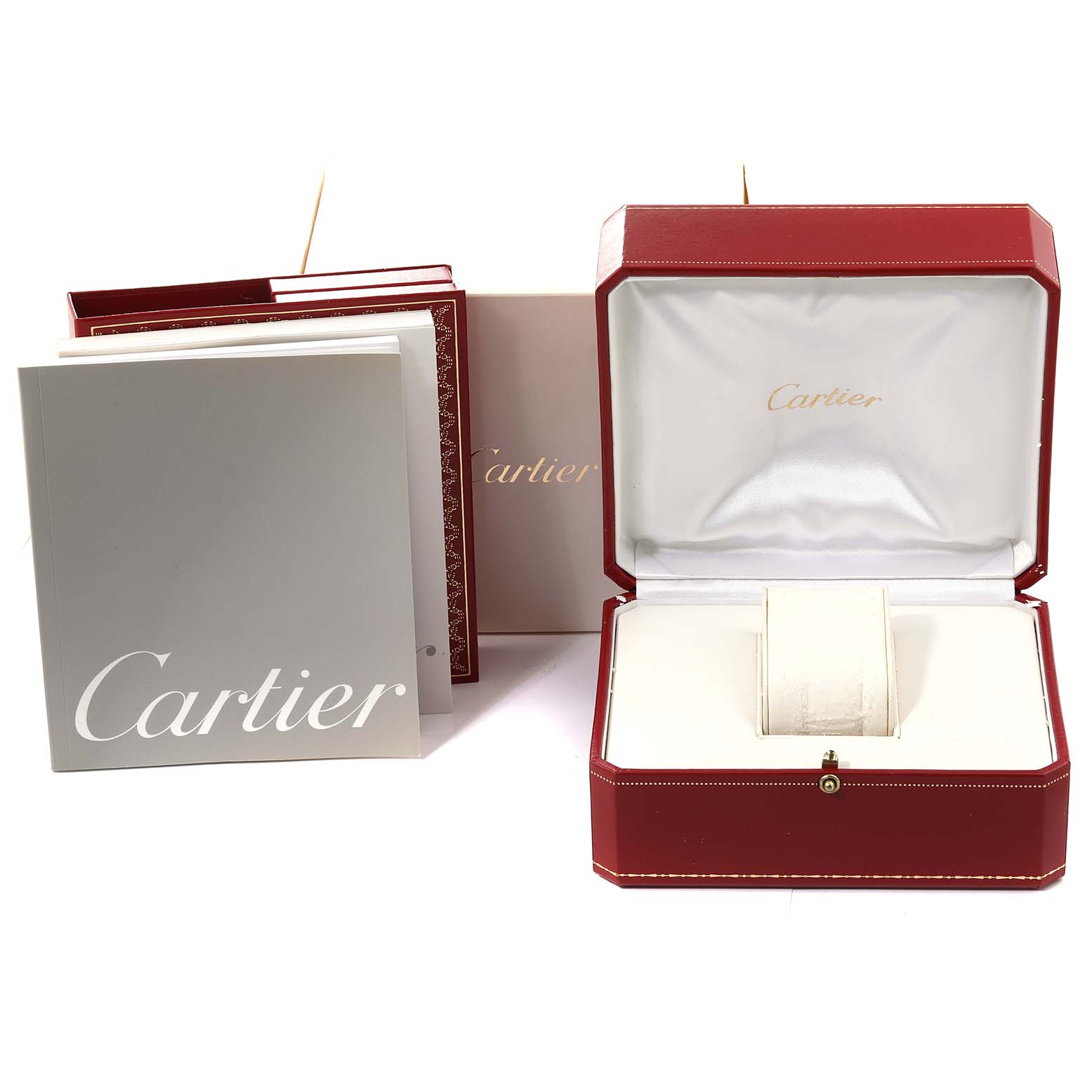 The image shows the packaging, box, and manual for the Cartier Tank Francaise W51002Q3 Men
s Stainless Steel Silver Dial W51002Q3 Men
s Stainless Steel Silver Dial watch model.