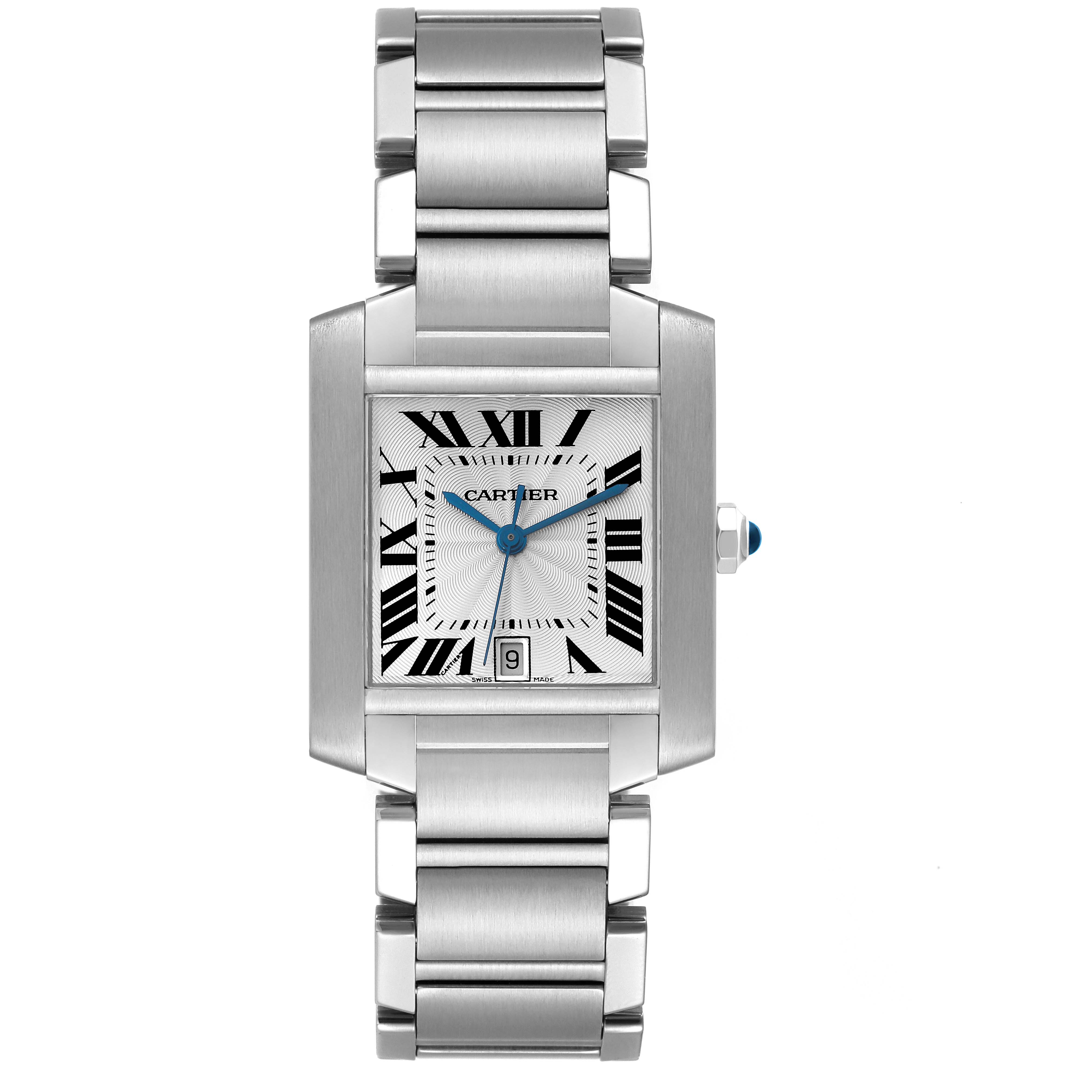 The image shows a front view of a Cartier Tank Francaise W51002Q3 Men
s Stainless Steel Silver Dial W51002Q3 Men
s Stainless Steel Silver Dial watch, highlighting its stainless steel case, bracelet, and Roman numeral dial.