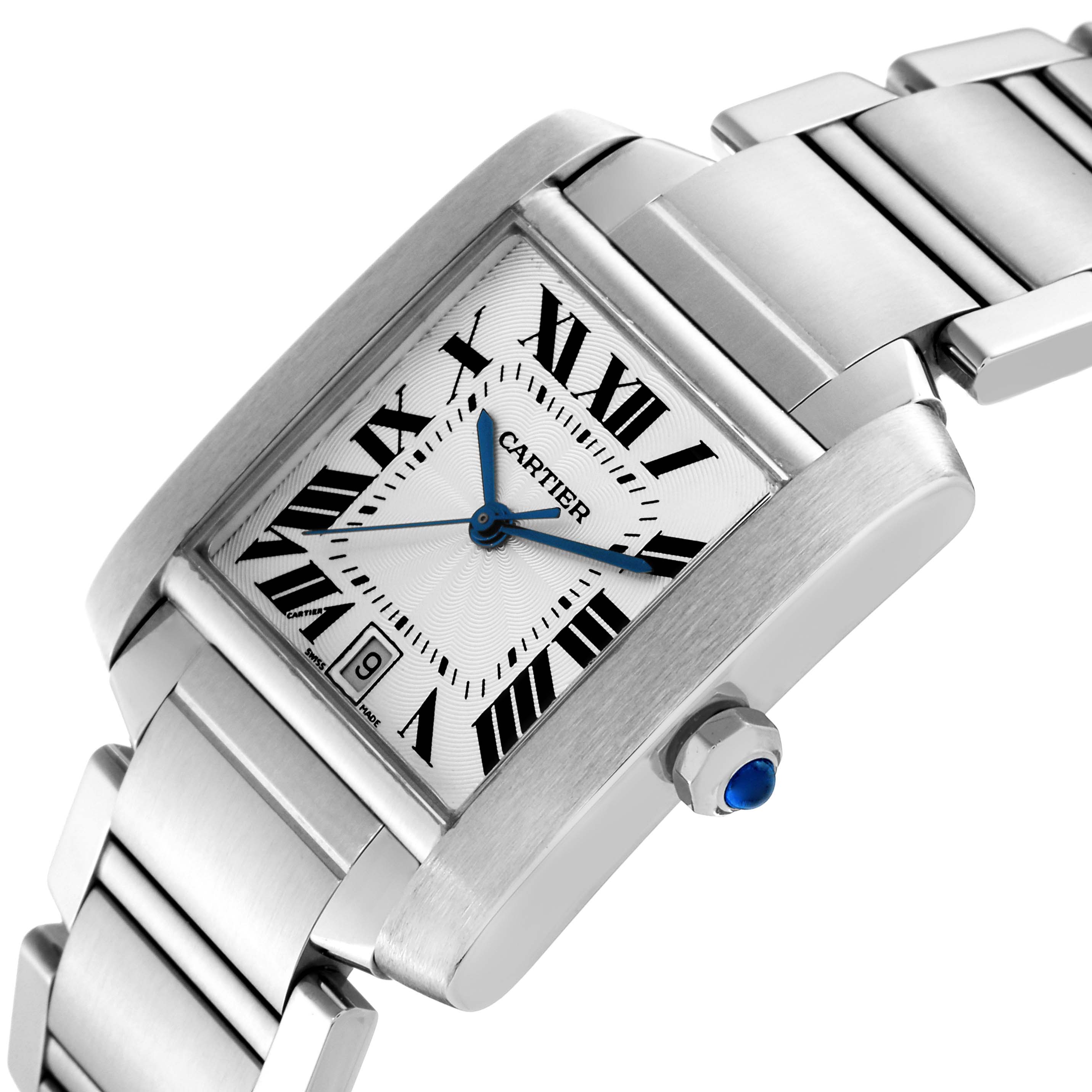 Angled view of the Cartier Tank Francaise W51002Q3 Men
s Stainless Steel Silver Dial W51002Q3 Men
s Stainless Steel Silver Dial watch showing its rectangular face, Roman numerals, blue hands, and metal bracelet.