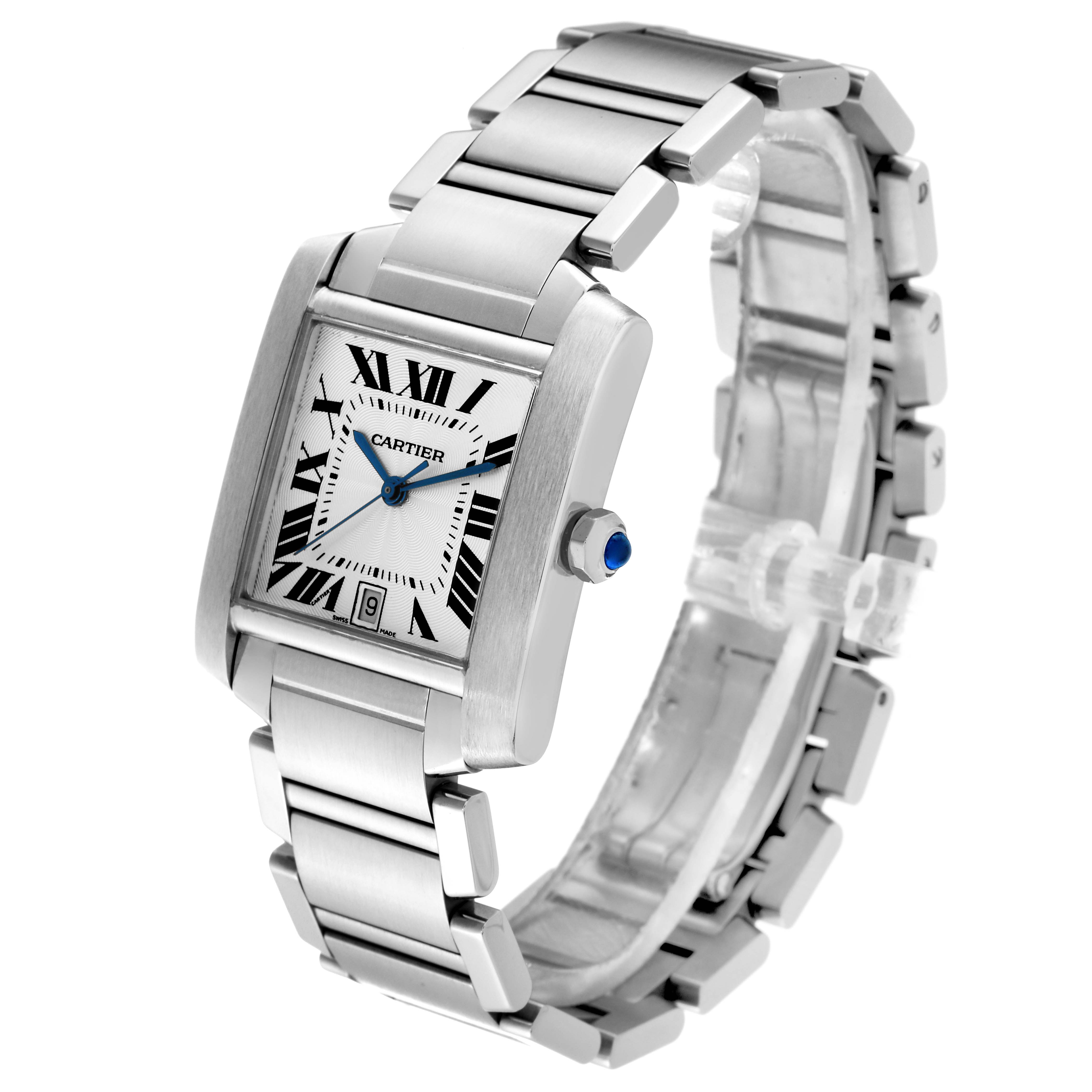 The image shows a Cartier Tank Francaise W51002Q3 Men
s Stainless Steel Silver Dial W51002Q3 Men
s Stainless Steel Silver Dial watch at a front-side angle, highlighting its bracelet, dial, and crown.