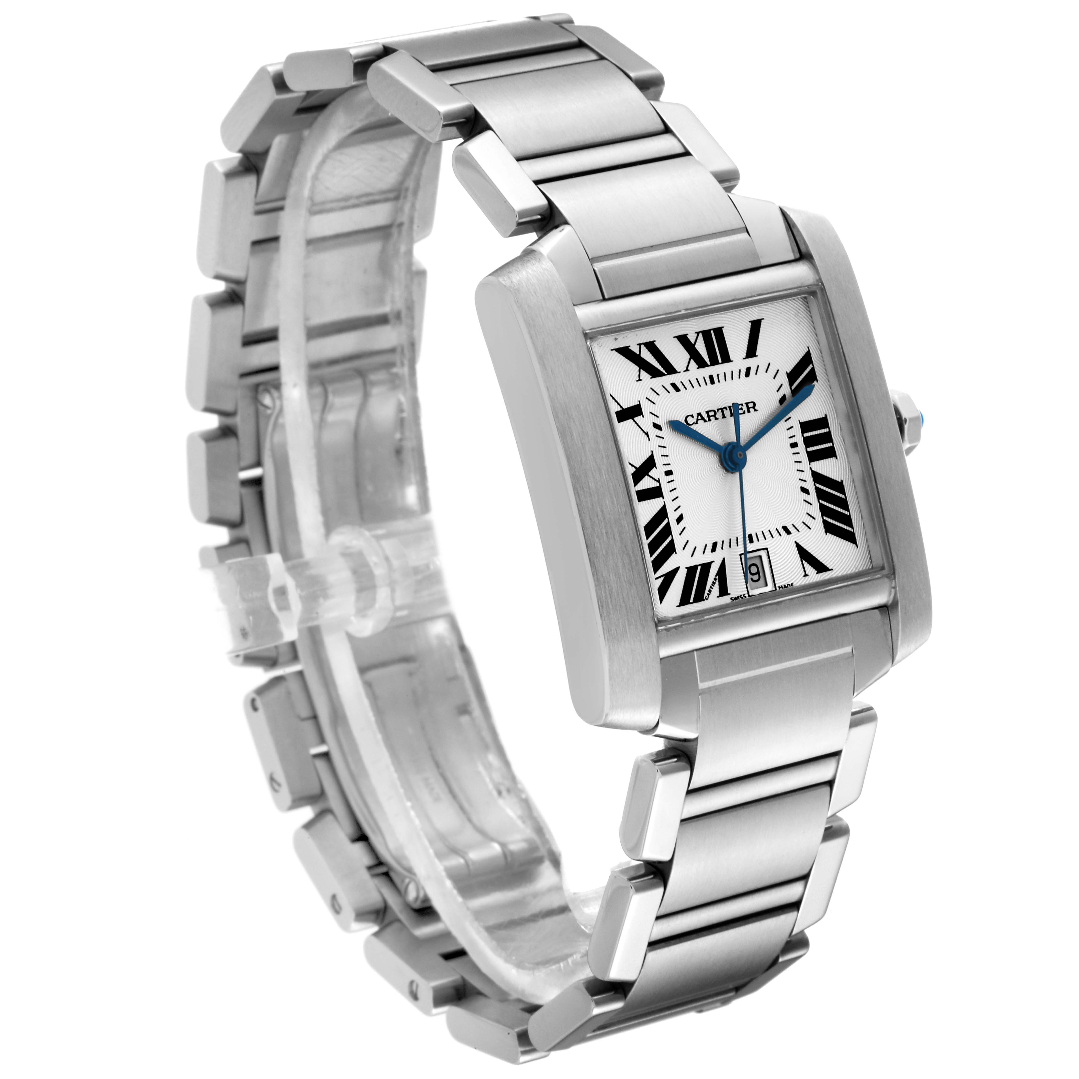 This is a side-angle view of the Cartier Tank Francaise W51002Q3 Men
s Stainless Steel Silver Dial W51002Q3 Men
s Stainless Steel Silver Dial watch, showing the face, bezel, and stainless steel bracelet.
