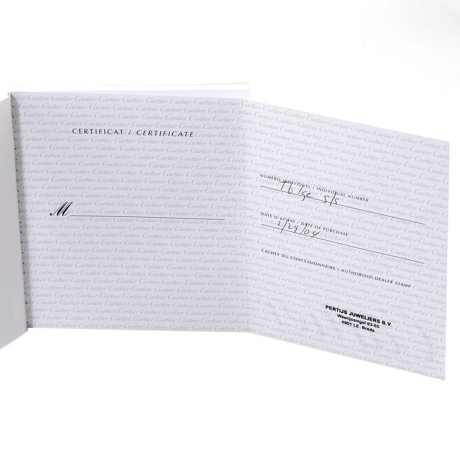 This image shows the certificate for a Cartier Tank Francaise W51002Q3 Men
s Stainless Steel Silver Dial W51002Q3 Men
s Stainless Steel Silver Dial watch.