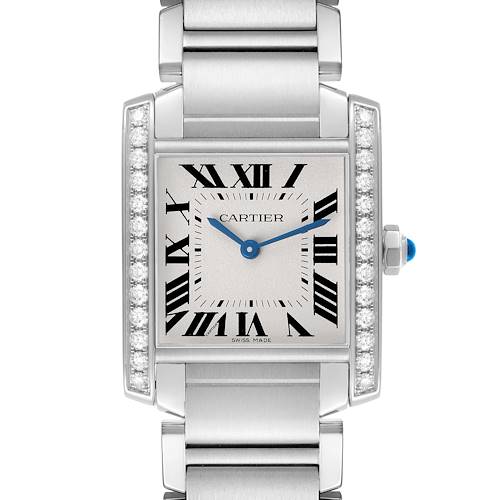 The Cartier Tank Francaise W4TA0009 Women's Stainless Steel Silver Dial watch is shown from a front angle, highlighting its square dial, Roman numerals, and diamond accents.