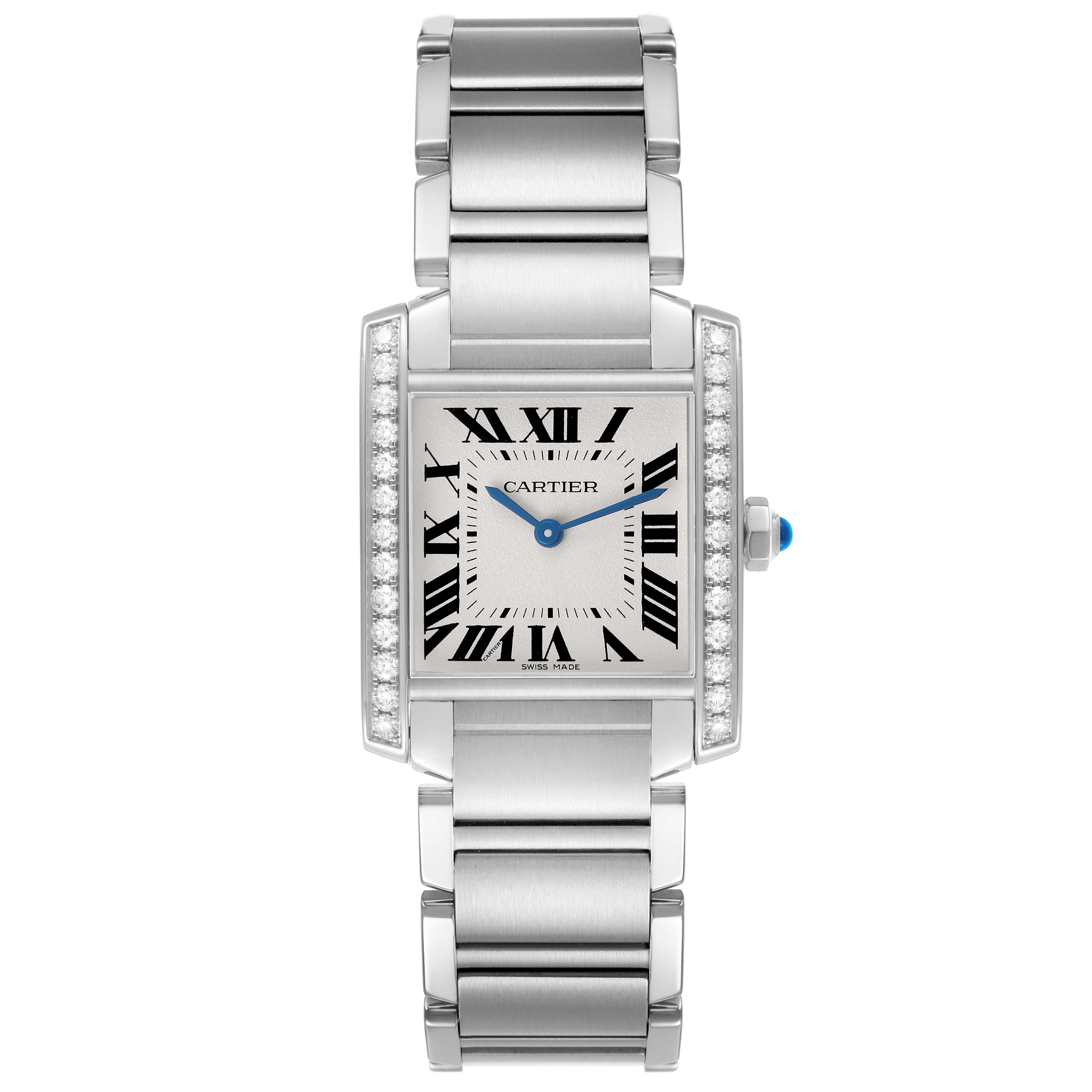 The Cartier Tank Francaise W4TA0009 Women's Stainless Steel Silver Dial watch is shown from a top-down perspective, highlighting its rectangular face, Roman numerals, and metal bracelet.