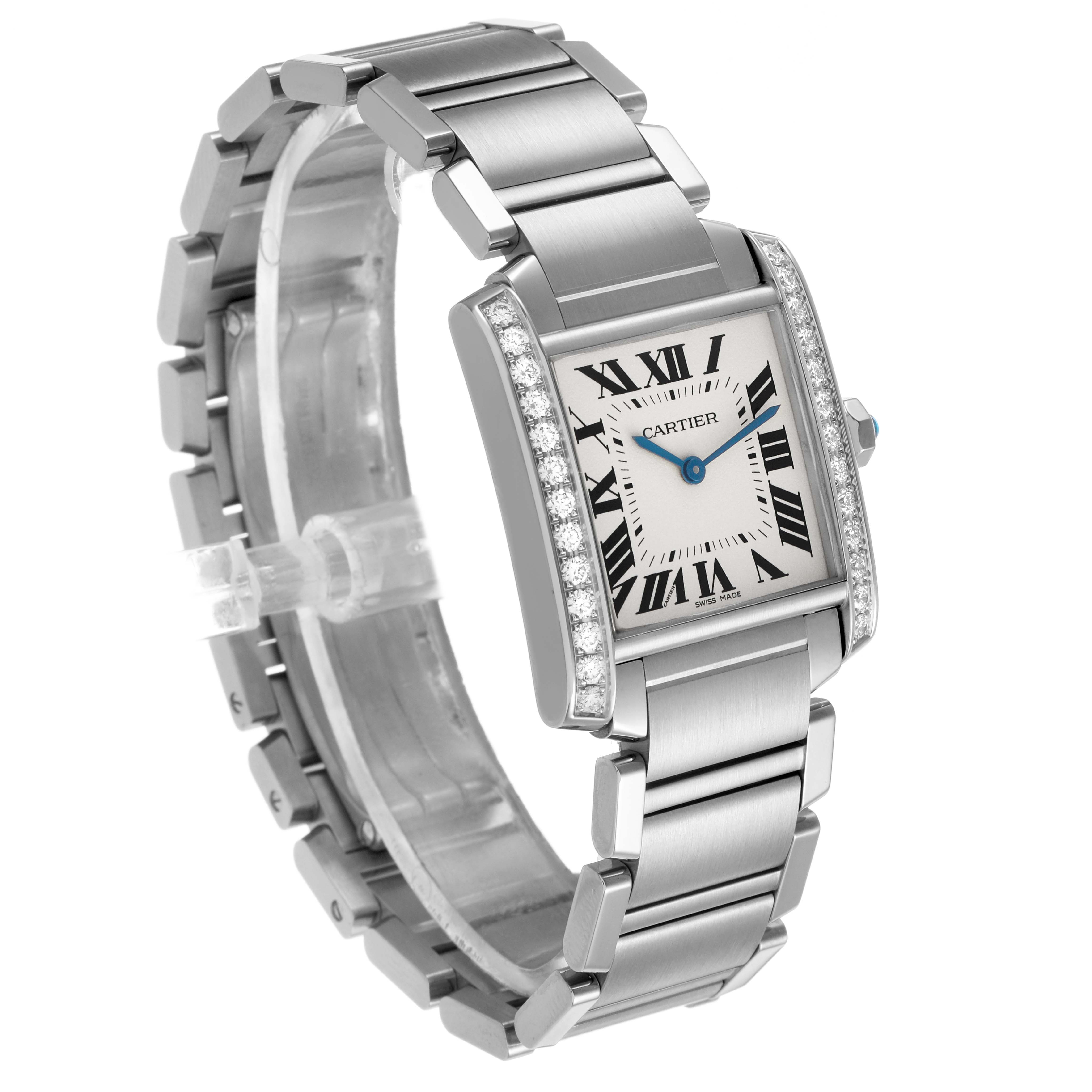 The Cartier Tank Française watch is shown at a three-quarter angle, highlighting the bracelet, bezel, and face.