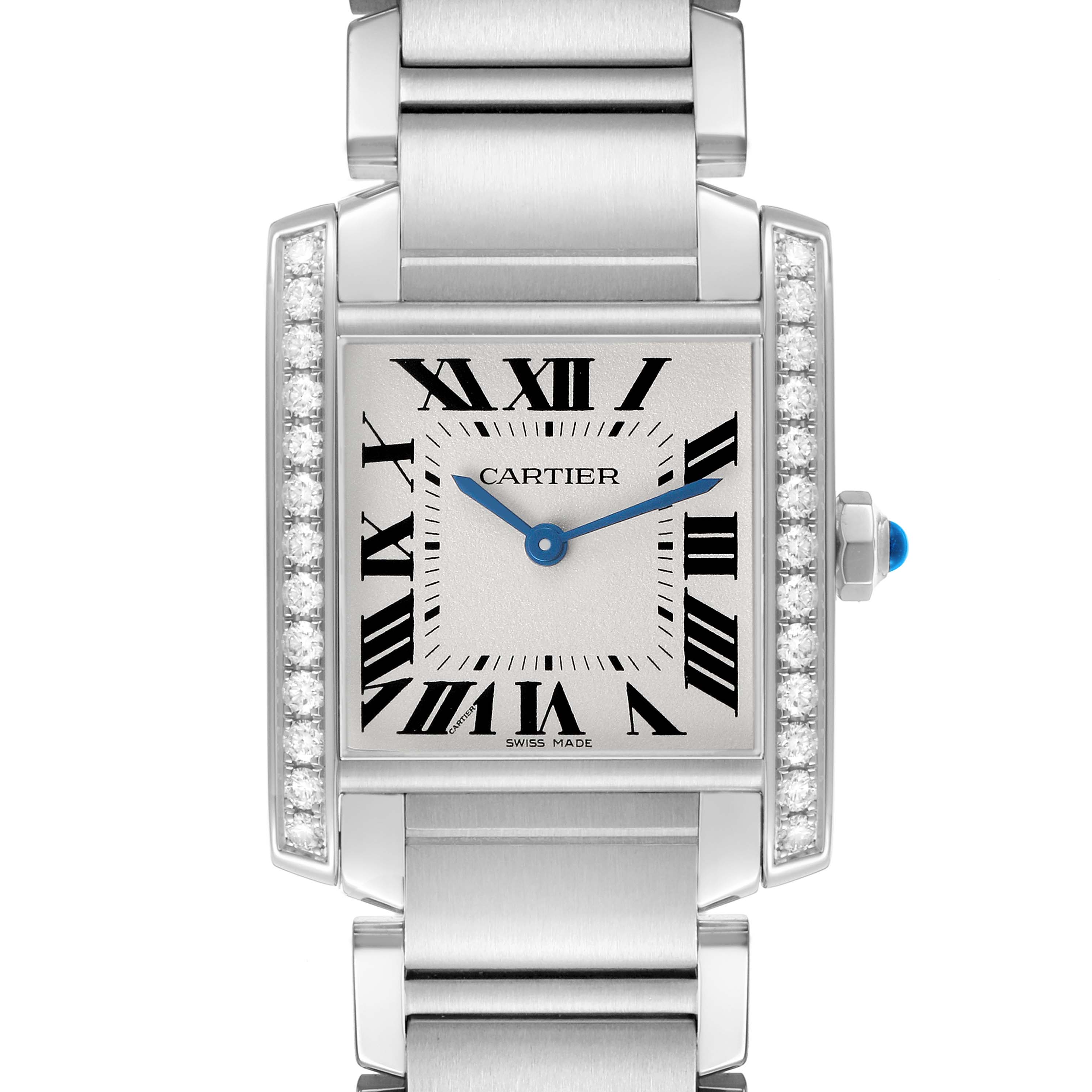 The Cartier Tank Française watch is shown from a front angle, highlighting its rectangular face, Roman numerals, and diamond accents.