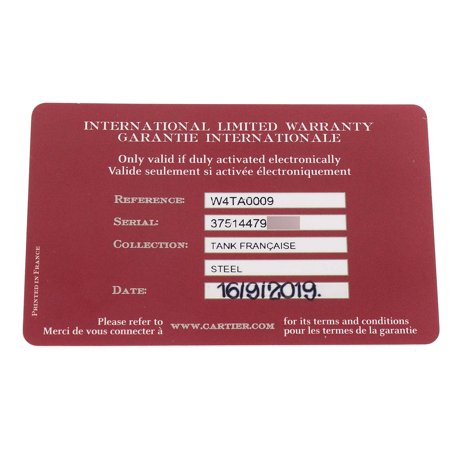 The image shows a Cartier Tank Française warranty card with reference, serial number, and purchase date.